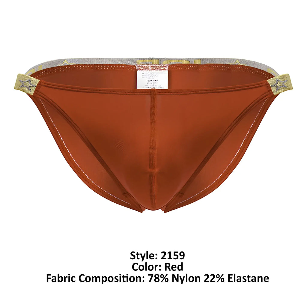 Red jor 2159 ares bikini men’s briefs with satin finish gold star elastic waistband and white seam stitching