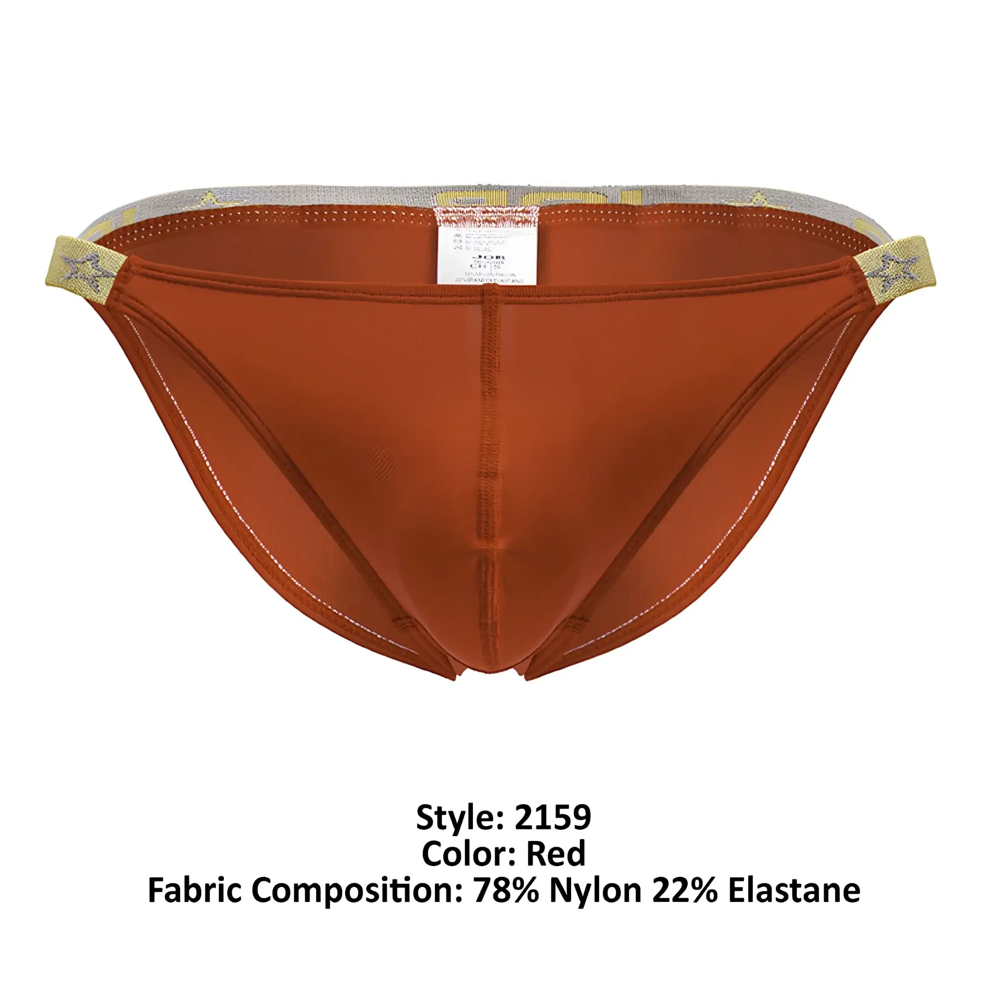 Red jor 2159 ares bikini men’s briefs with satin finish gold star elastic waistband and white seam stitching