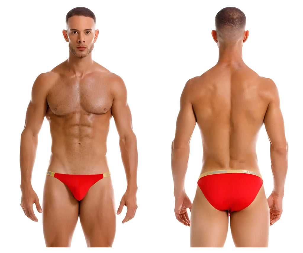 Red jor 2159 ares bikini swim trunks with gold trim designed for stylish beach and pool wear