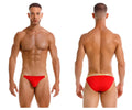 Red jor 2159 ares bikini swim trunks with gold trim designed for stylish beach and pool wear