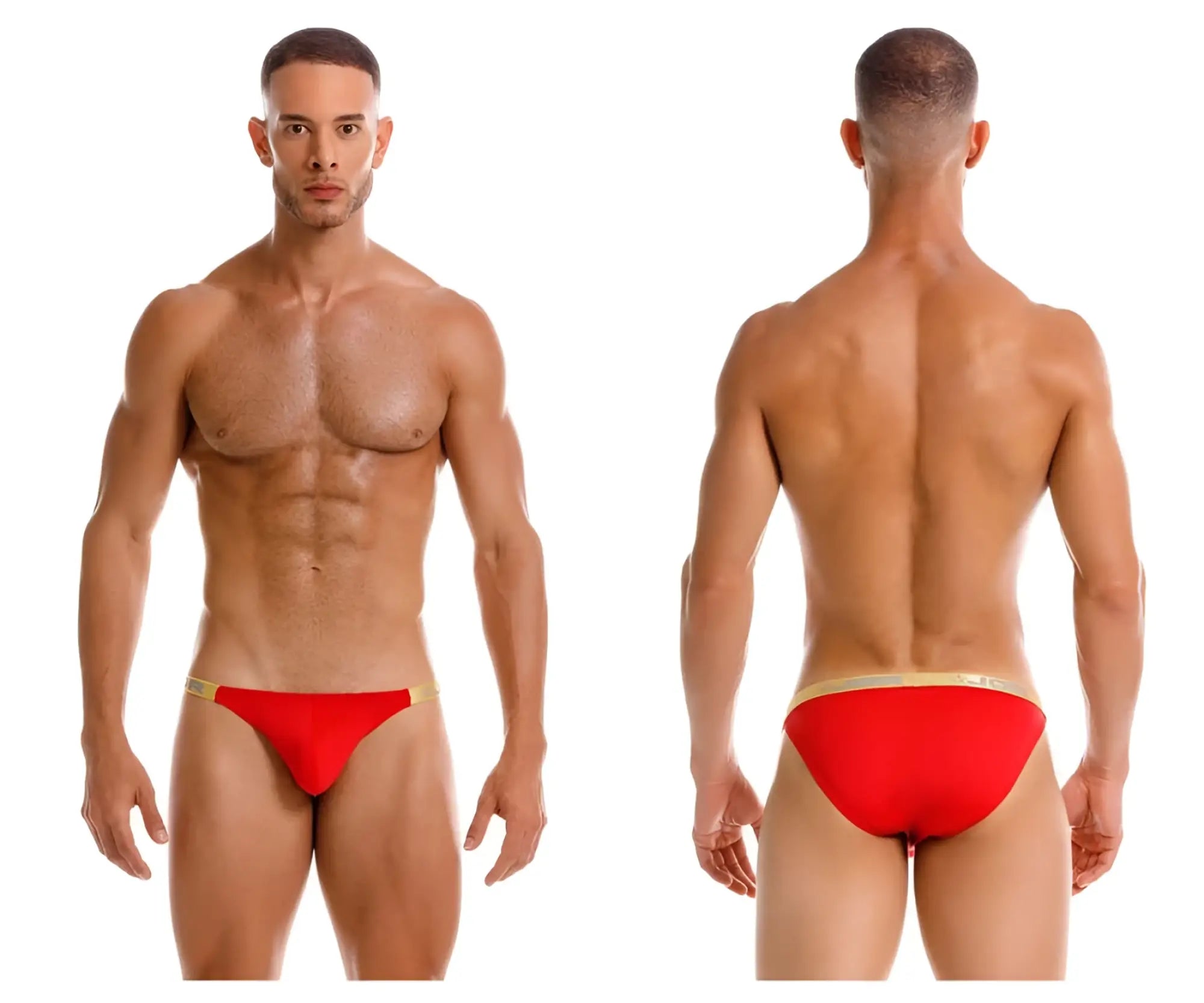 Red jor 2159 ares bikini swim trunks with gold trim designed for stylish beach and pool wear
