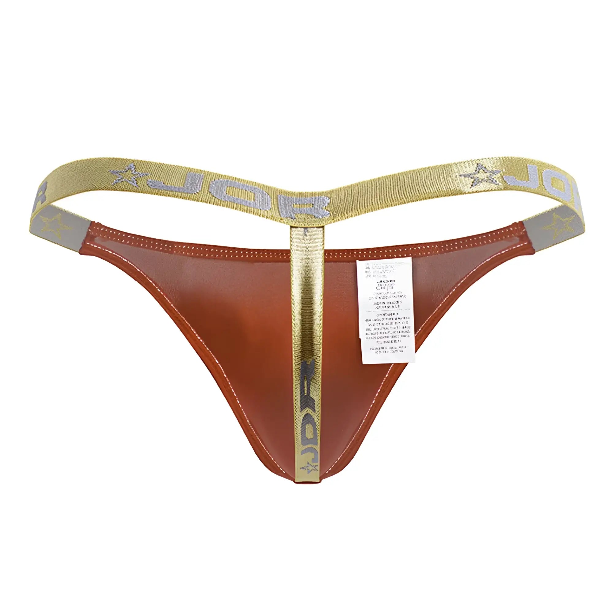 Brown leather thong with gold trim and star-patterned branding in red jor 2161 ares thongs product view