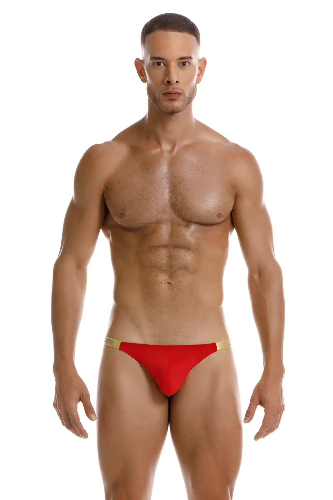 Red jor 2161 ares thong with gold trim featuring a thong style design and vibrant red color