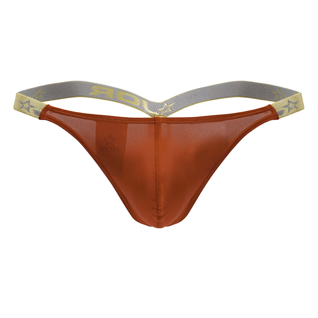 Jor 2161 Ares thong in translucent rust color with gray and gold star-patterned waistband shown from front view