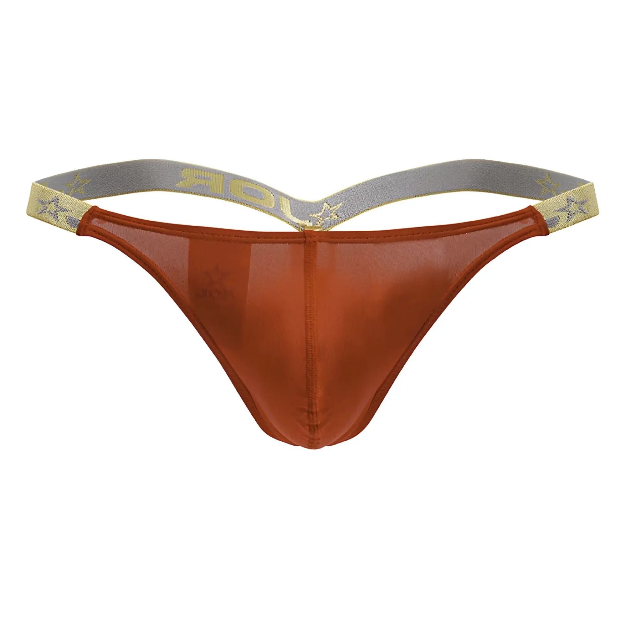 Jor 2161 Ares thong in translucent rust color with gray and gold star-patterned waistband shown from front view