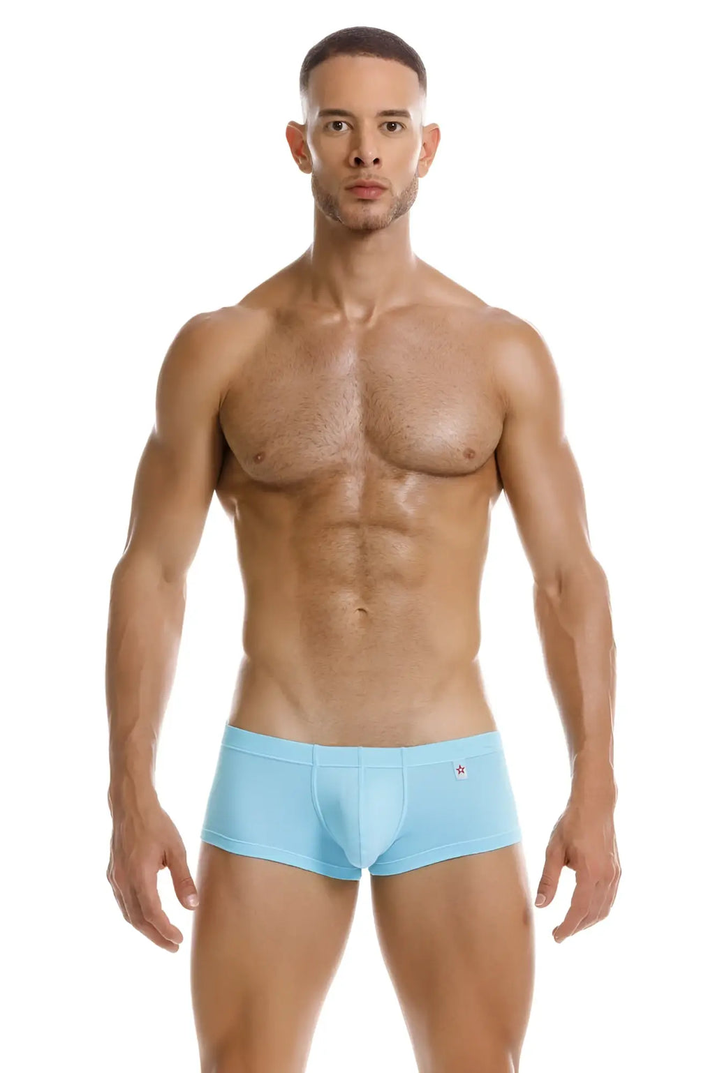 Light blue jor 2166 nova trunks men’s briefs with small red star logo on the waistband