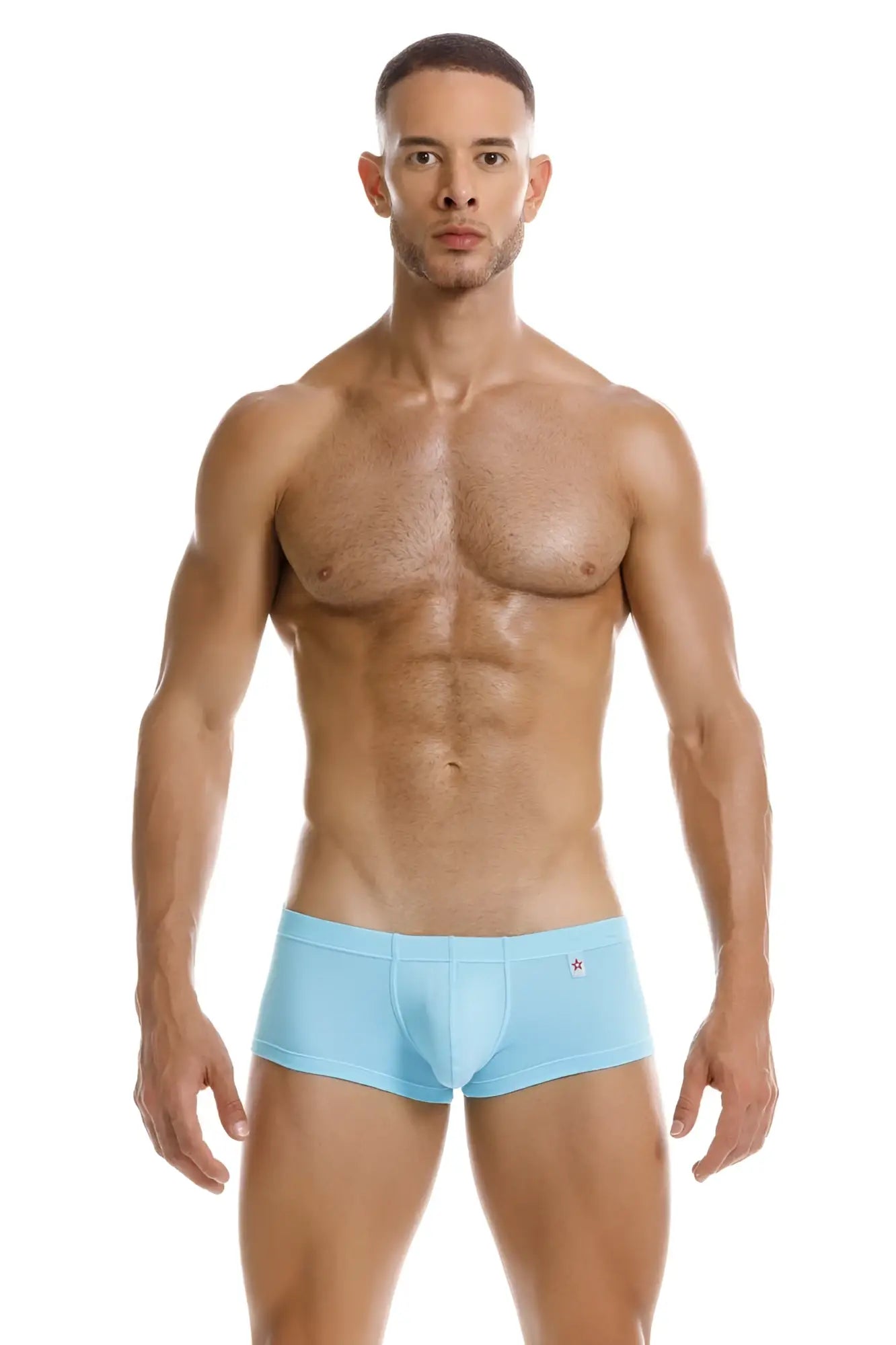 Light blue jor 2166 nova trunks men’s briefs with small red star logo on the waistband