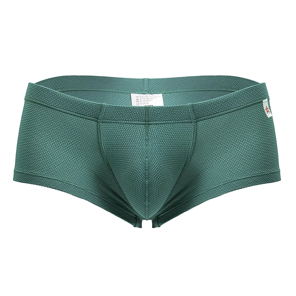 Dark green textured men’s briefs jor 2166 nova trunks with woven fabric pattern and red star logo on waistband