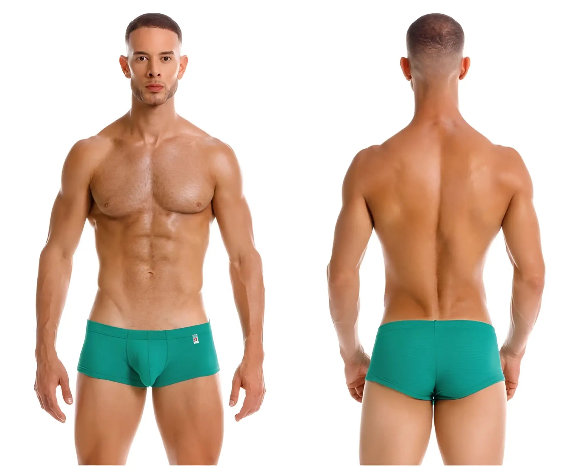 Teal-colored mens swim trunks jor 2166 nova with small logo on waistband suitable for beach and pool use