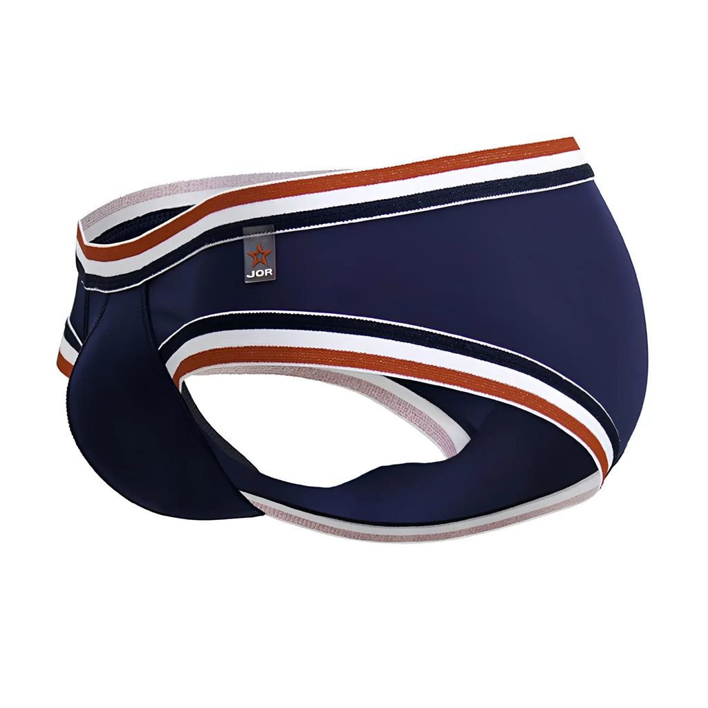 Navy blue jor 2169 martini briefs for men with white and rust striped trim in comfortable fabric