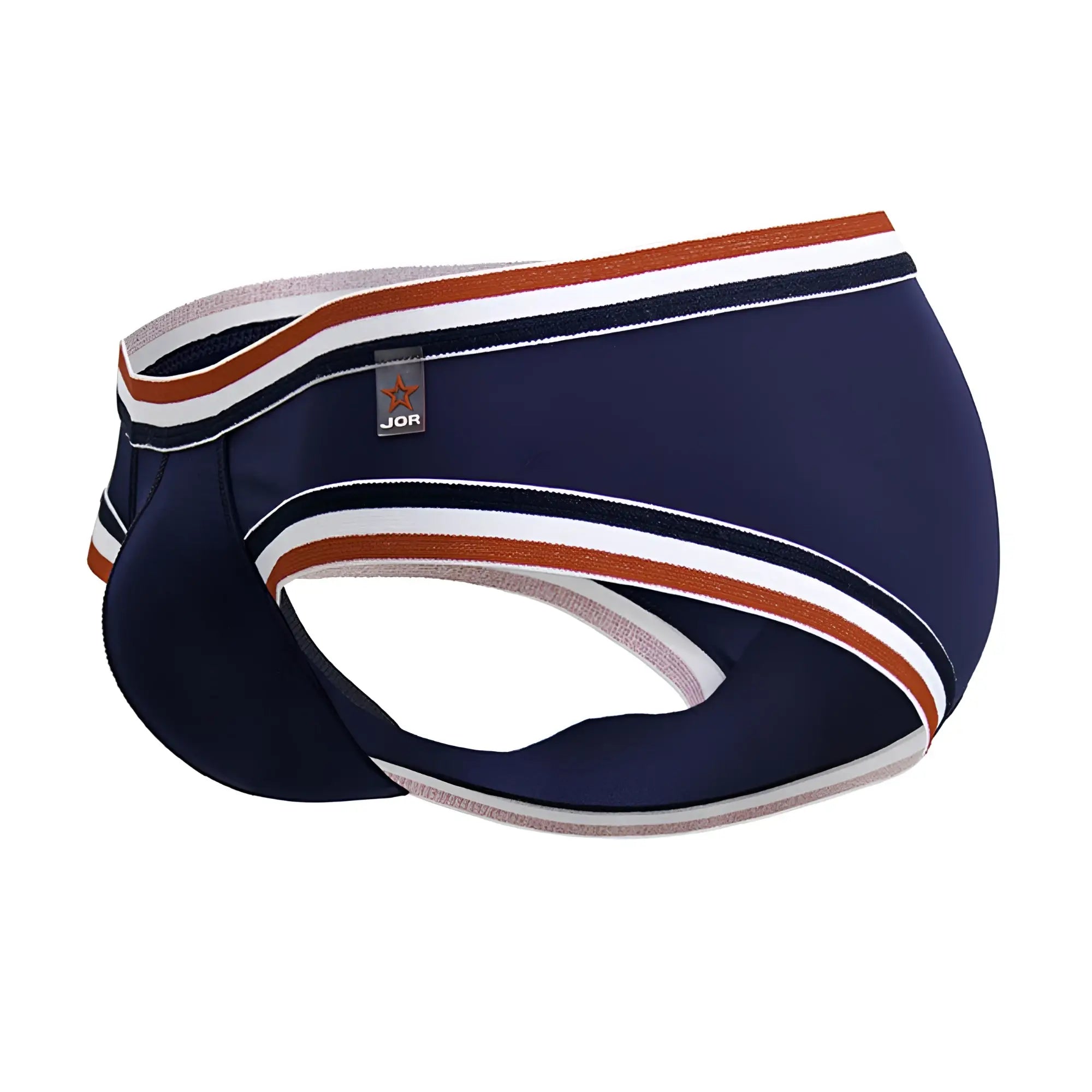 Navy blue jor 2169 martini briefs for men with white and rust striped trim in comfortable fabric