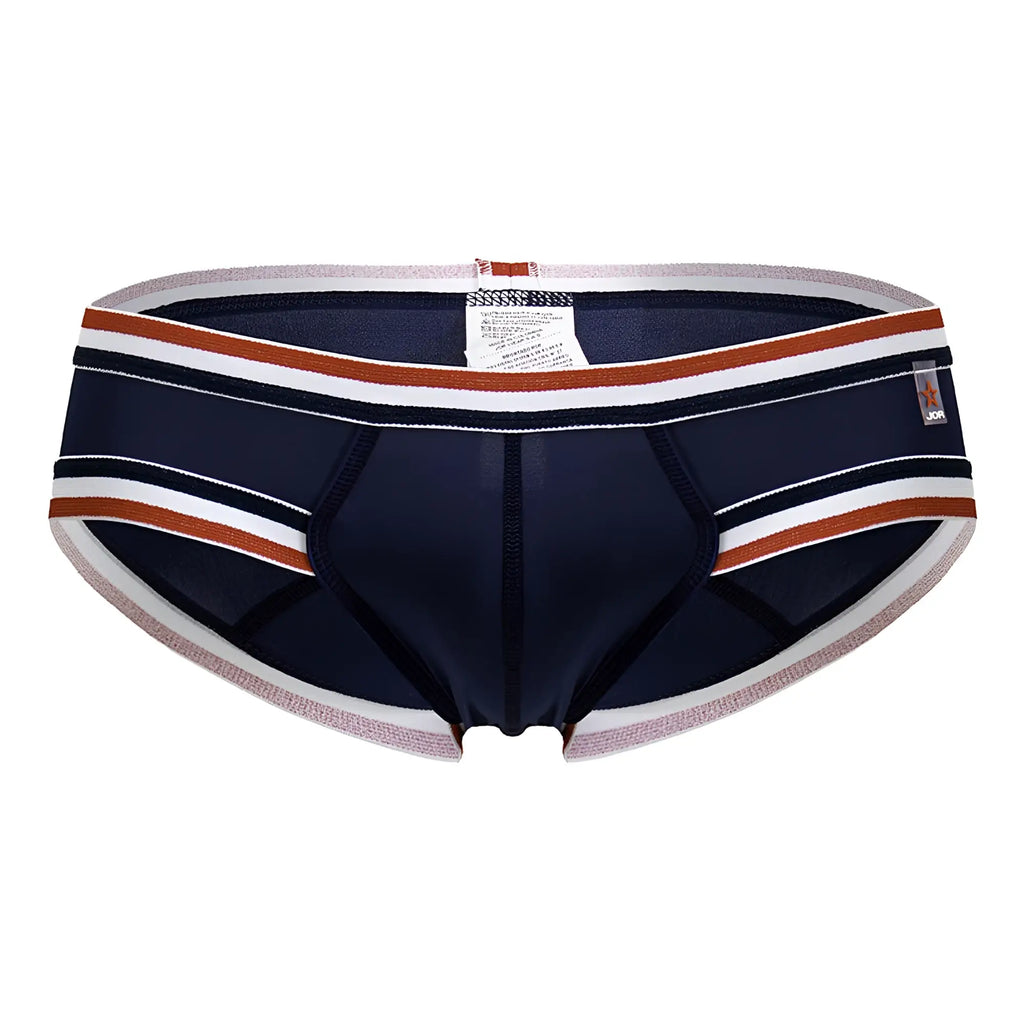 Navy blue jor 2169 martini briefs for men with white and rust striped trim comfortable cotton fabric