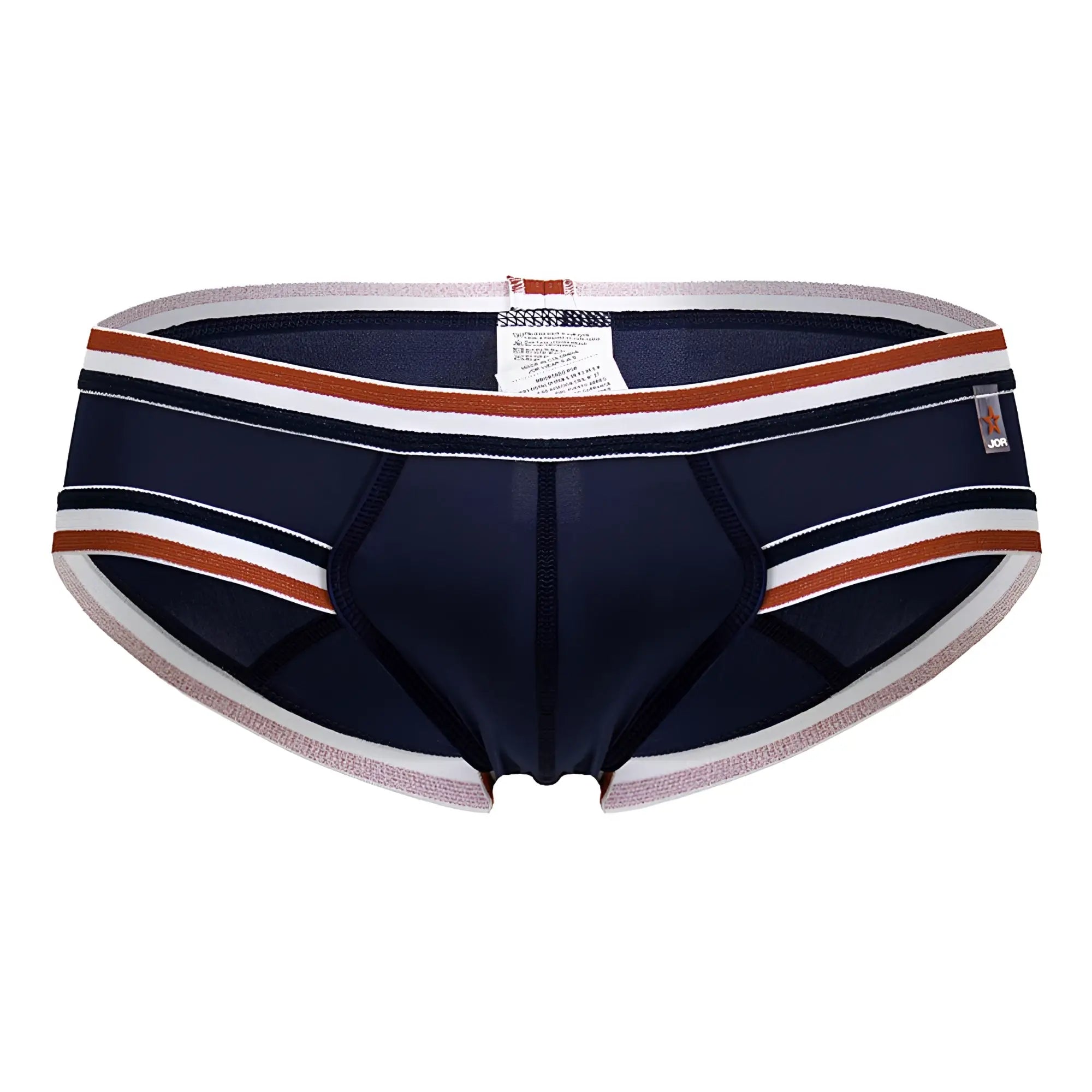 Navy blue jor 2169 martini briefs for men with white and rust striped trim comfortable cotton fabric