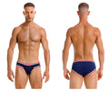 Navy blue jor 2169 martini briefs with red and white striped trim designed as swim trunks for beachwear