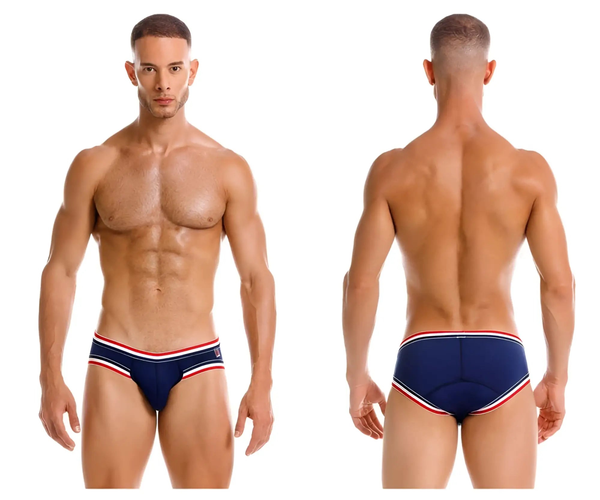 Navy blue jor 2169 martini briefs with red and white striped trim designed as swim trunks for beachwear