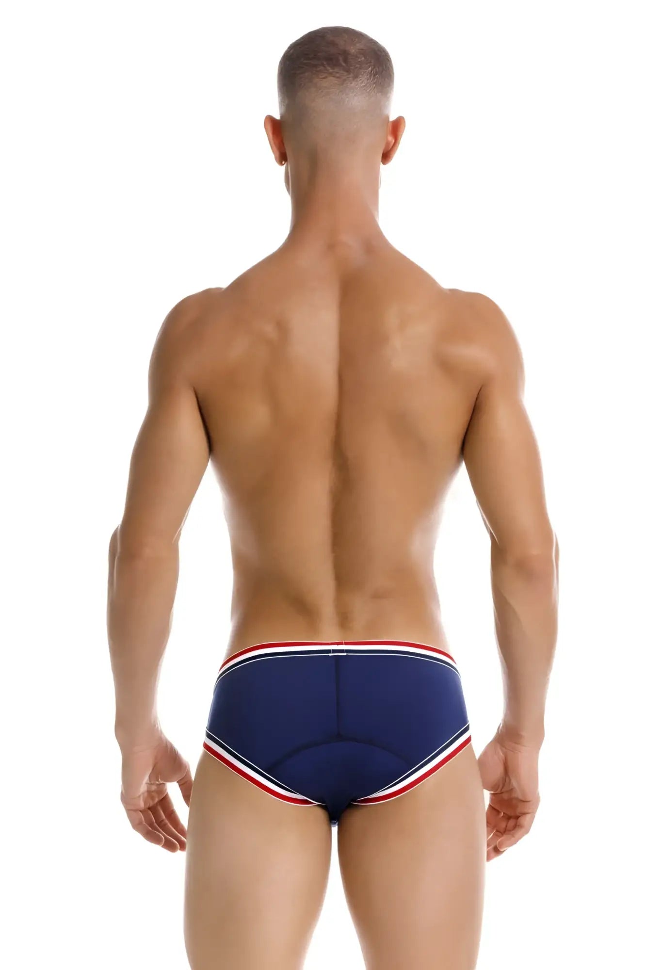 Navy blue JOR 2169 Martini briefs with red and white striped trim designed for swimming and beachwear