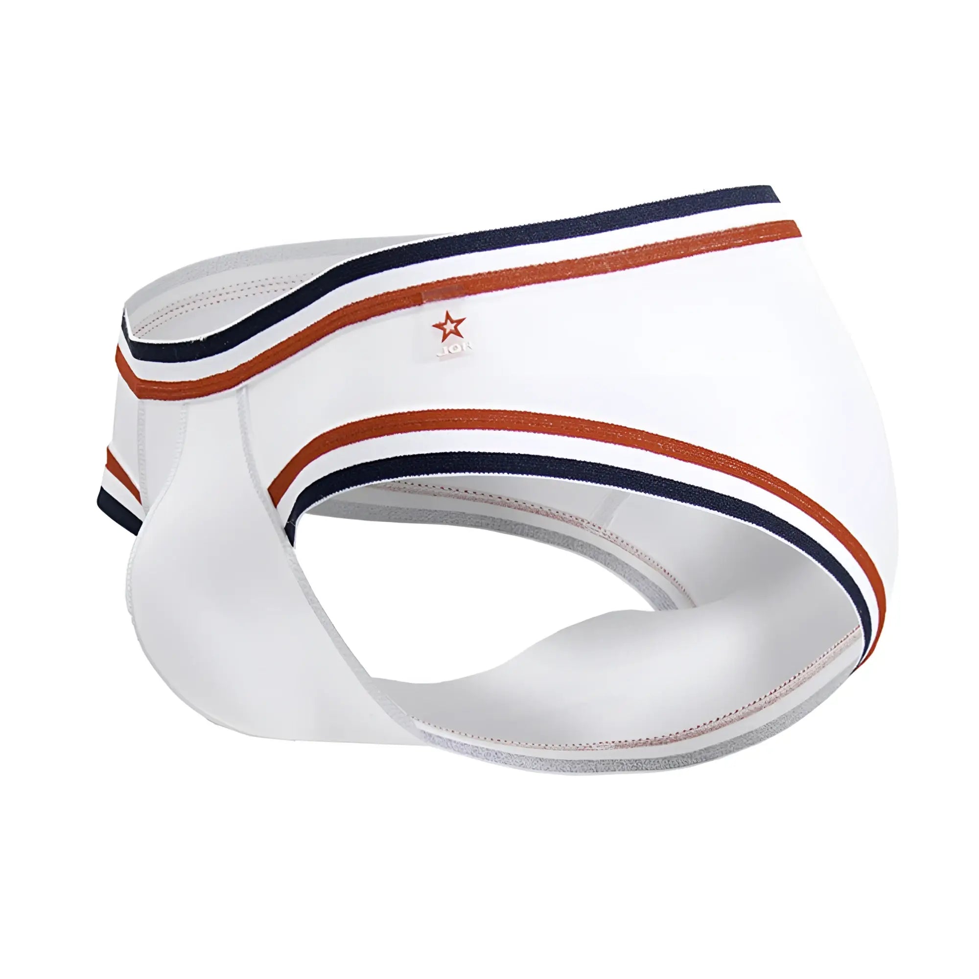 Jor 2169 martini briefs white men’s briefs with navy and rust striped trim and red star logo on waistband