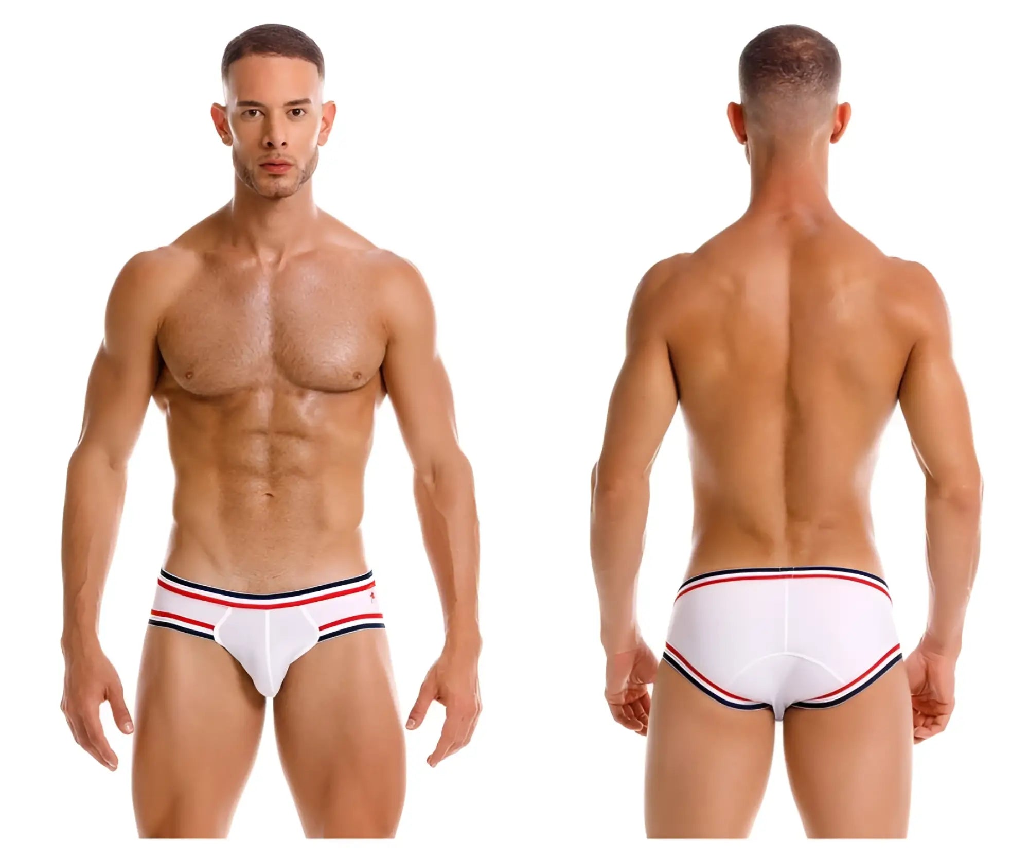 White jor 2169 martini briefs with red and navy blue striped trim made from soft breathable fabric