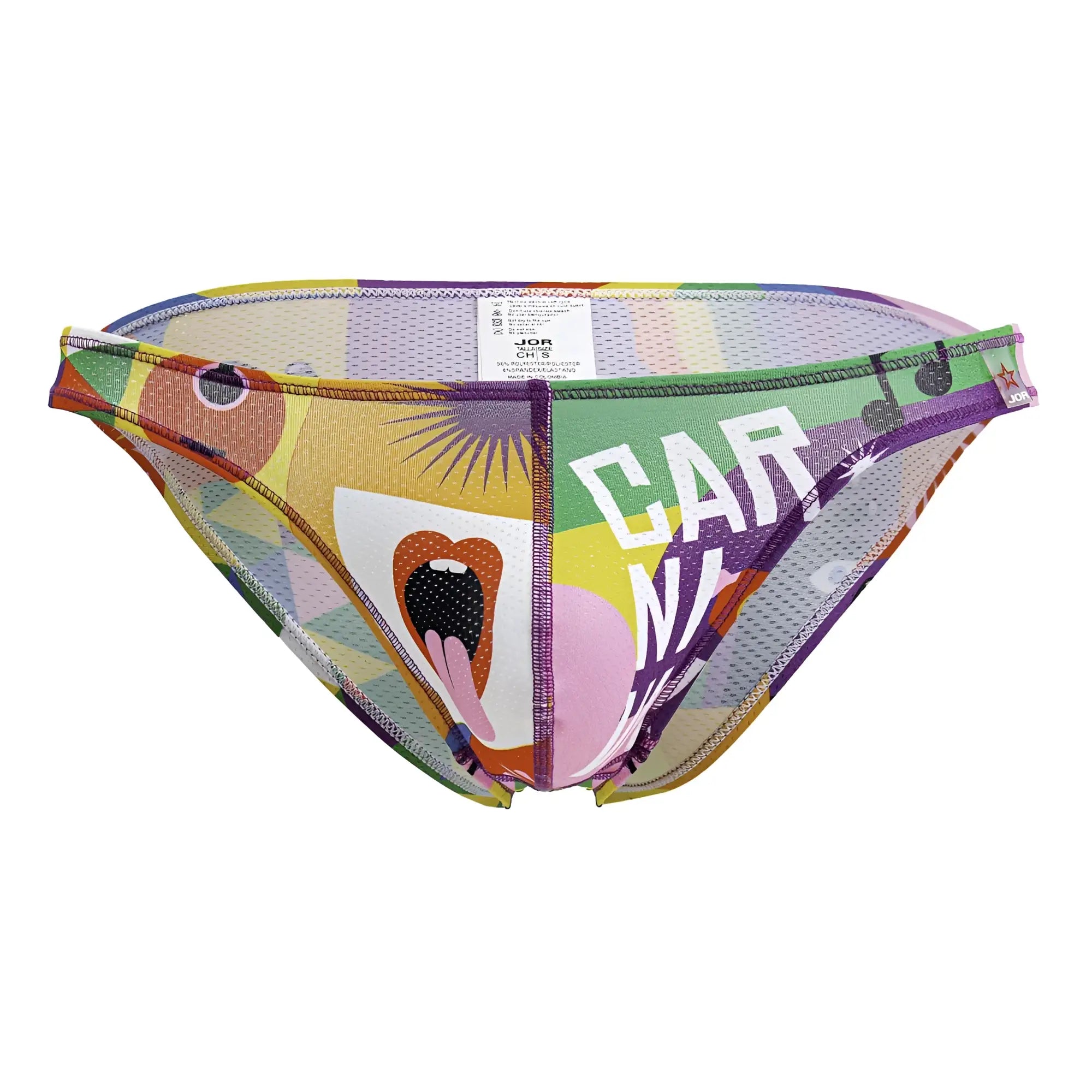 Vibrant multicolored jor 2171 carnival bikini bottom with bold graphic print of cartoon lips and car lettering on purple background