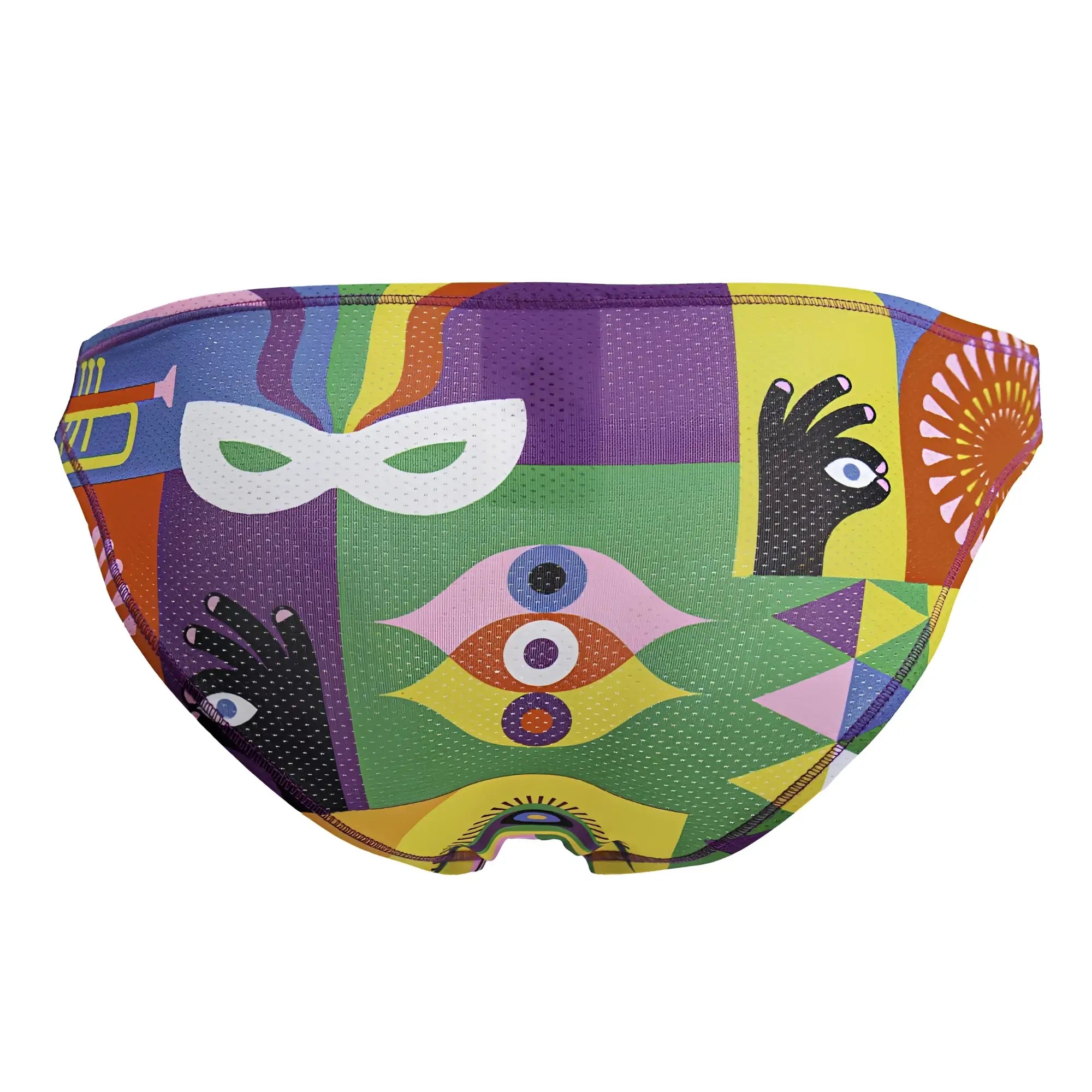 Vibrant multicolored jor 2171 carnival bikini color printed swim trunks with bold abstract masks hands and eyes on mesh fabric