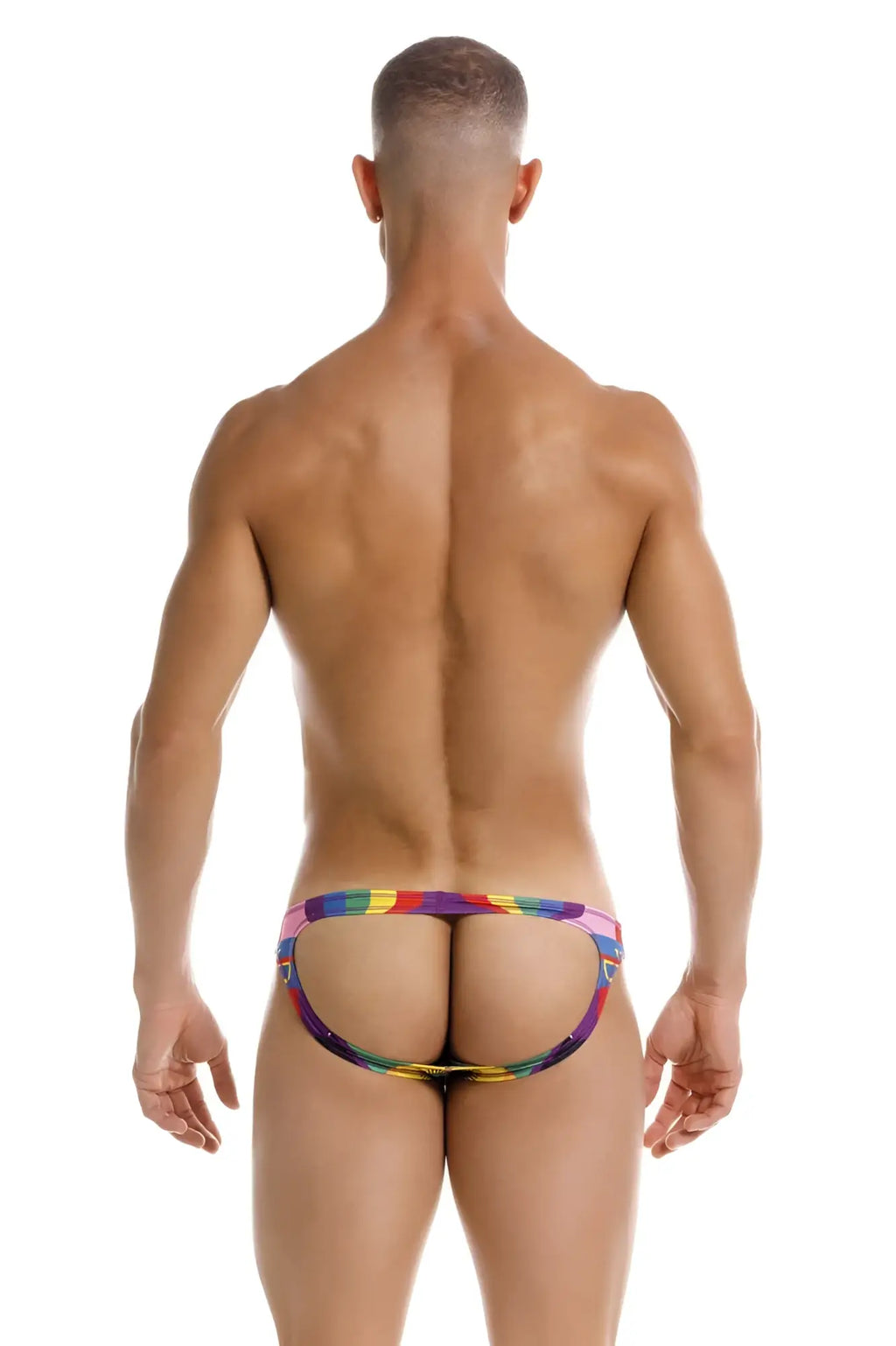Back view of jor 2172 carnival jockstrap mens briefs in rainbow-striped elasticated fabric with cut-out design