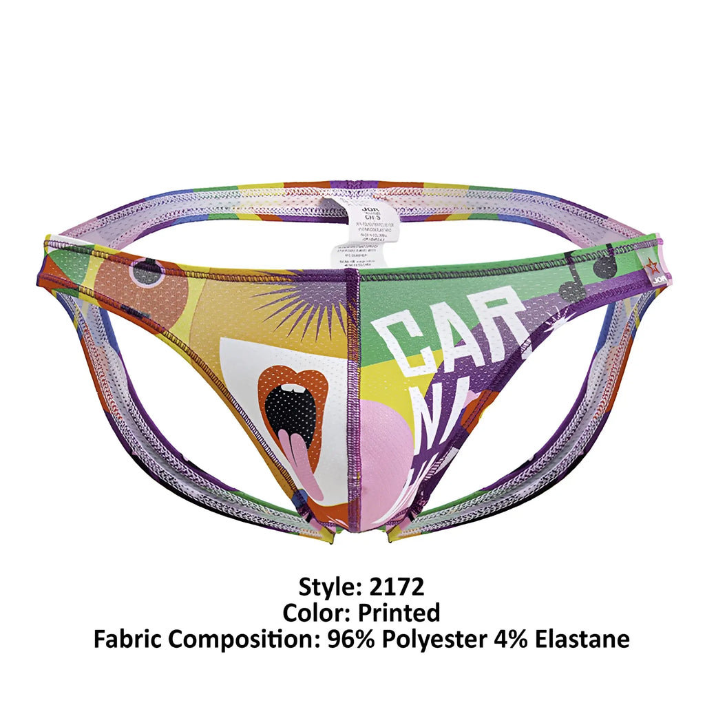 Vibrant colorful printed jor 2172 carnival jockstrap with bold rainbow graphic and white carna lettering on front
