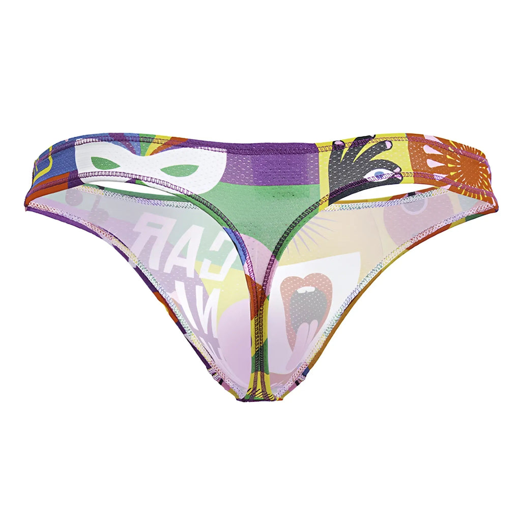 Vibrant multicolored jor 2173 carnival thongs color printed bikini bottom with bold graphic masks hands and abstract designs