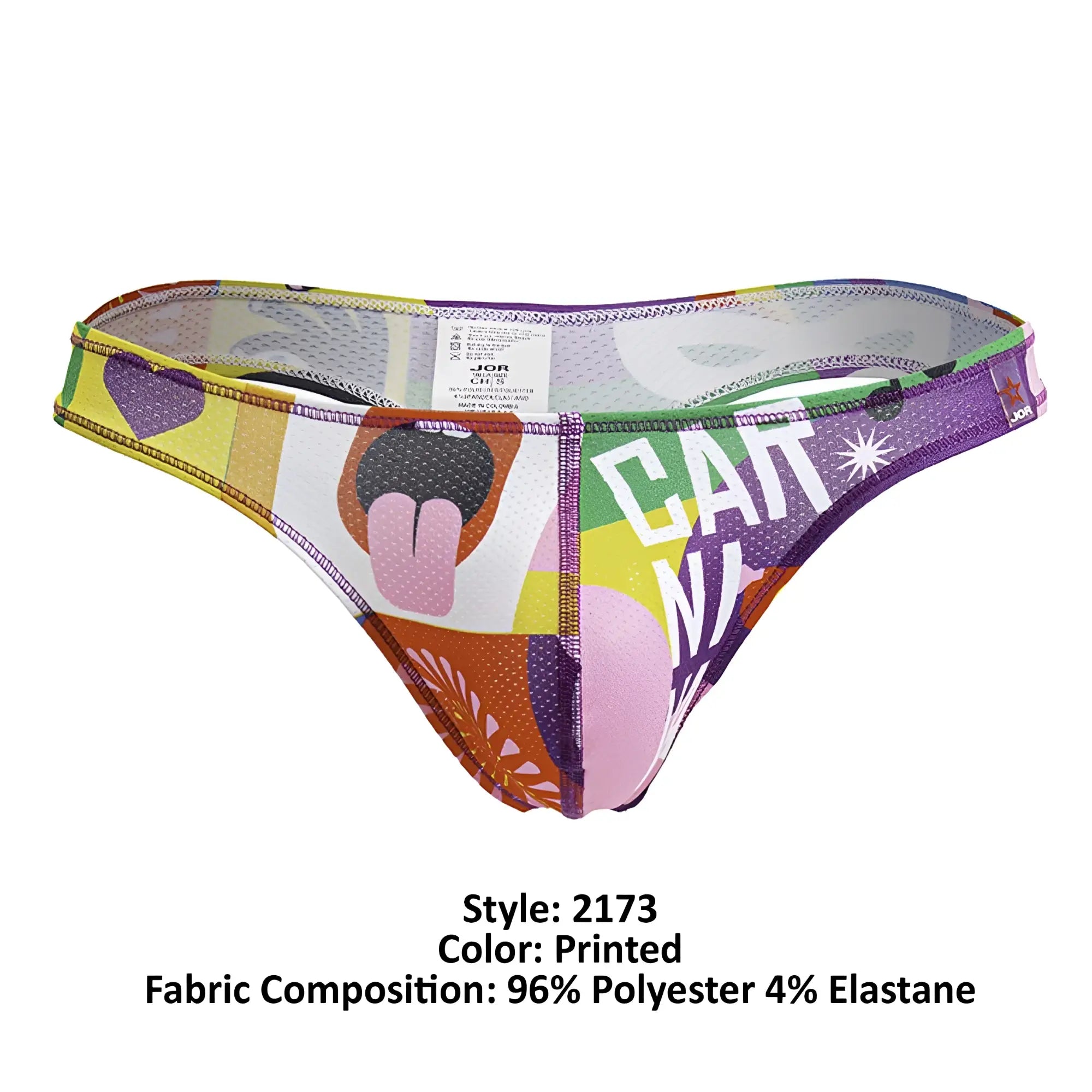 Vibrant jor 2173 carnival thong with multicolored patchwork patterns and playful cat design in purple yellow green pink and orange