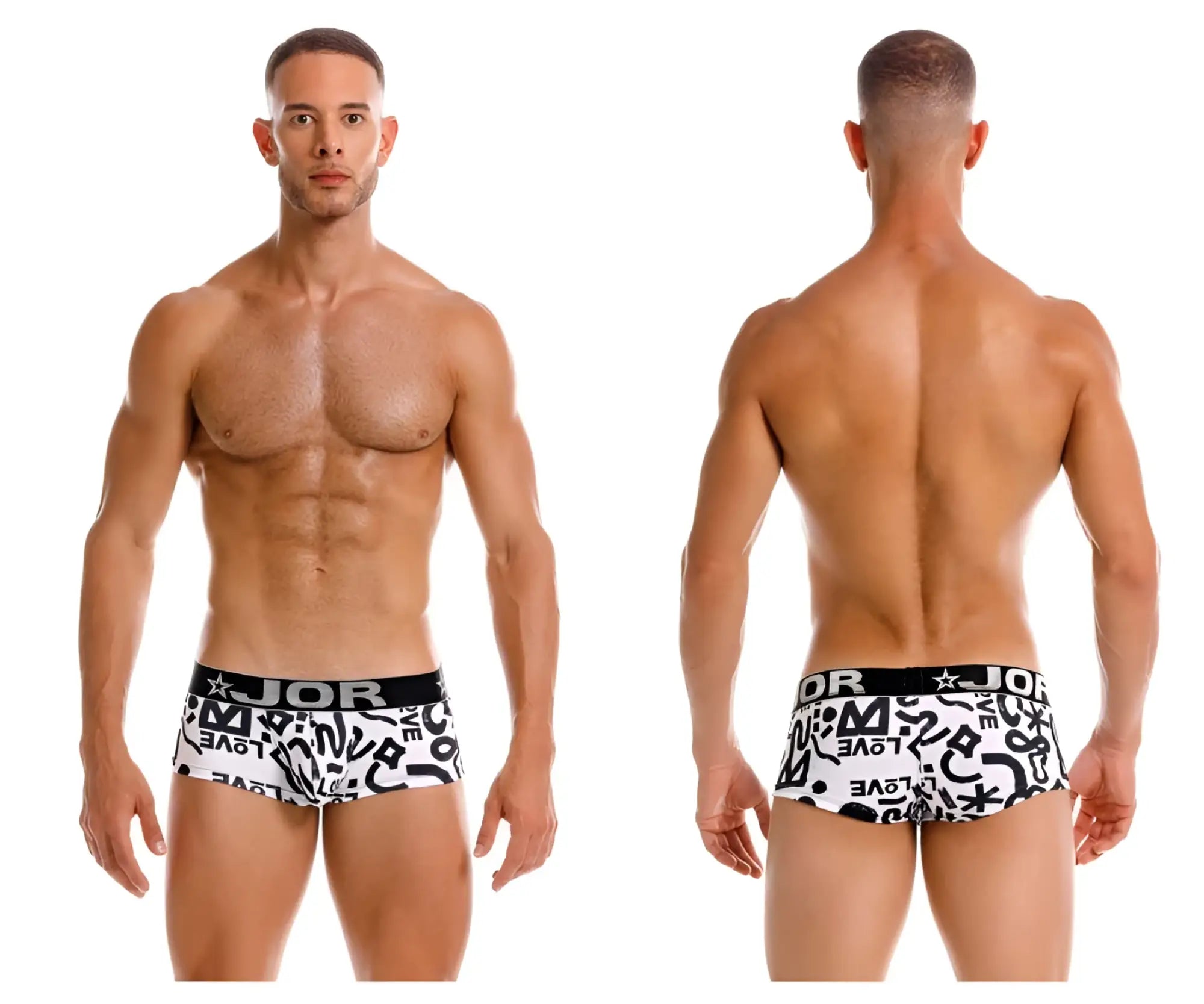 White briefs with black graffiti style lettering and black jor waistband in jor 2185 love trunks color printed design