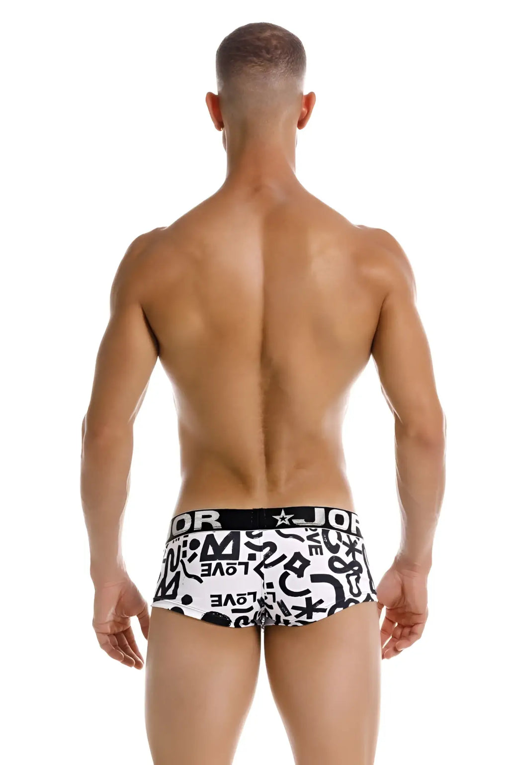 White briefs with black graphic print and black waistband featuring jor logo in white from jor 2185 love trunks color printed
