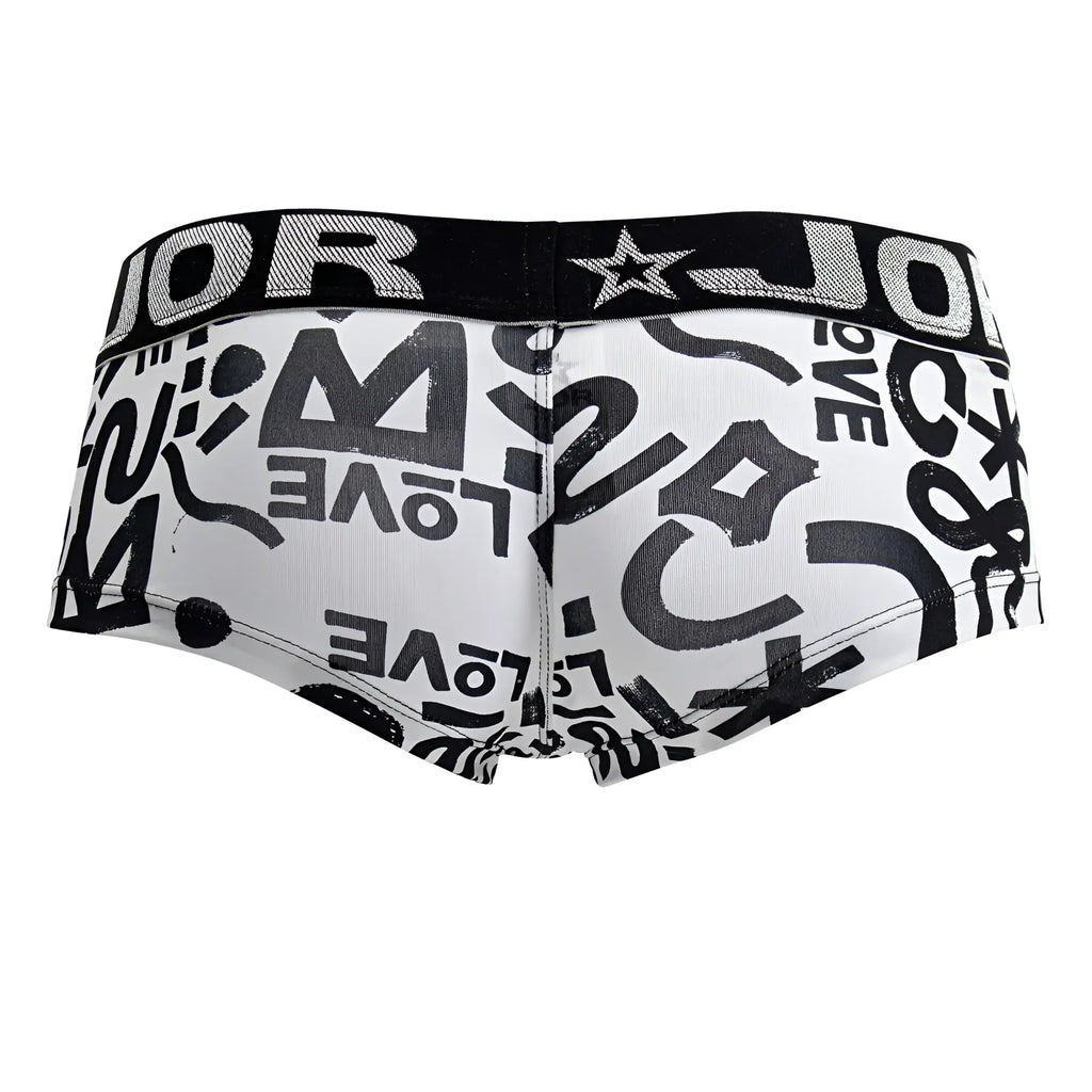 White briefs jor 2185 love trunks with black graffiti style love print and black waistband featuring brand name