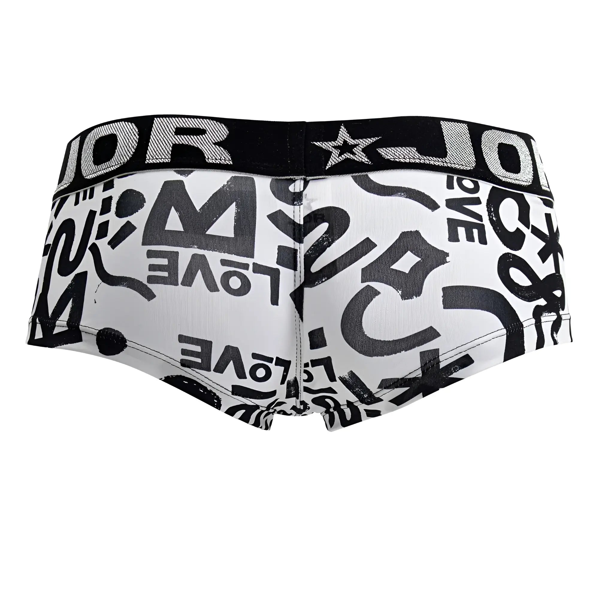 White briefs jor 2185 love trunks with black graffiti style love print and black waistband featuring brand name