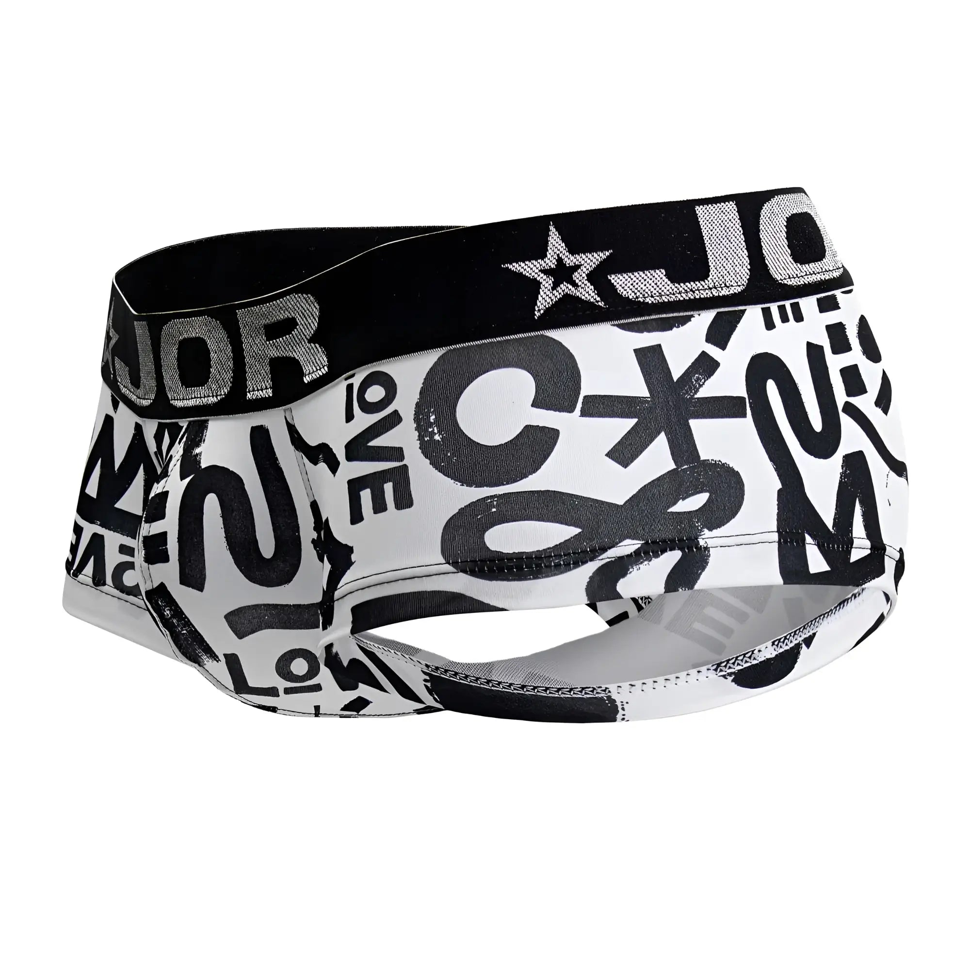 White boxer briefs jor 2185 love trunks with bold black graffiti prints and black waistband with silver glitter logo