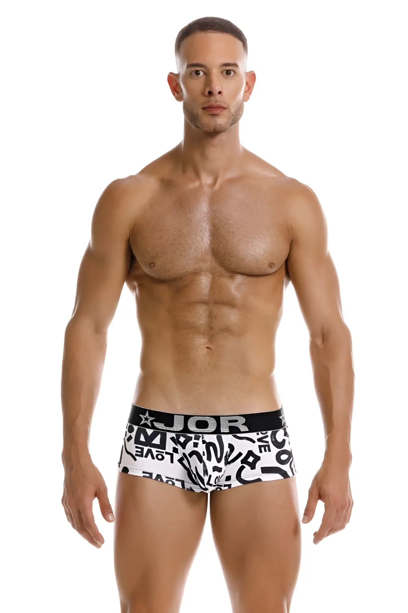 White boxer briefs with bold black graphic print and jor logo waistband from jor 2185 love trunks color printed collection