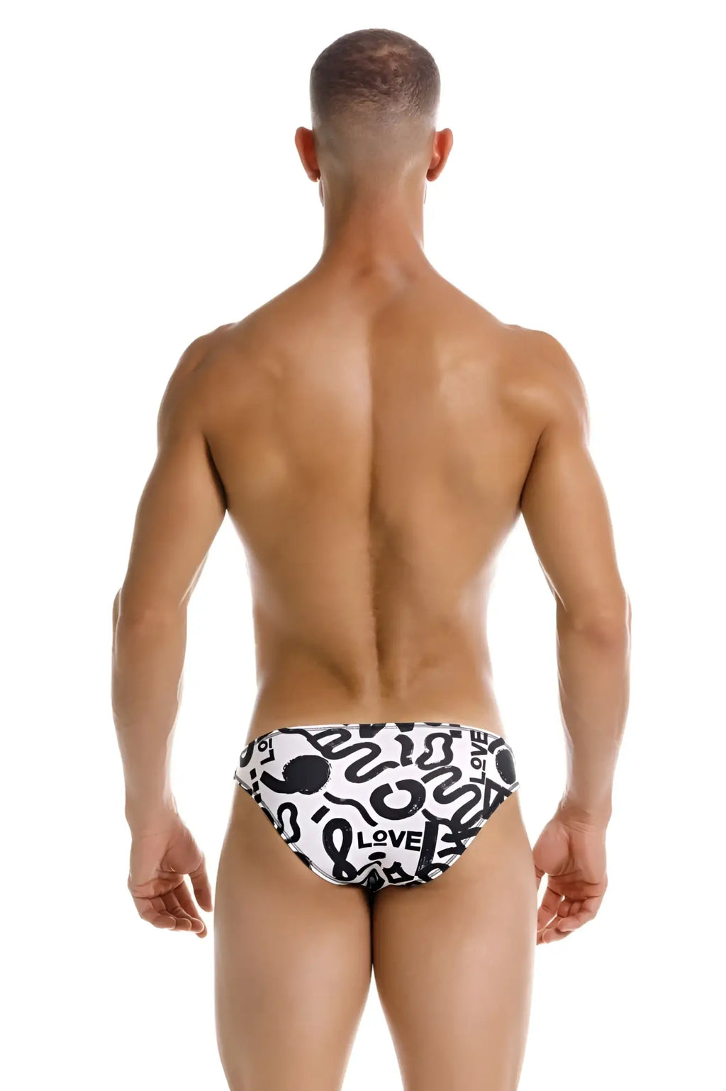 Black and white graphic swim trunks with bold abstract designs and love text from JOR 2186 love bikini color printed collection