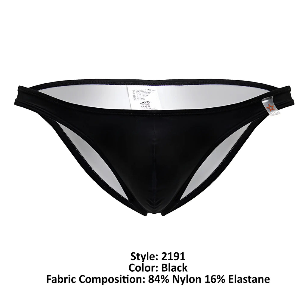 Black jor 2191 travel swim bikini thong featuring shiny, form-fitting nylon and elastane blend fabric