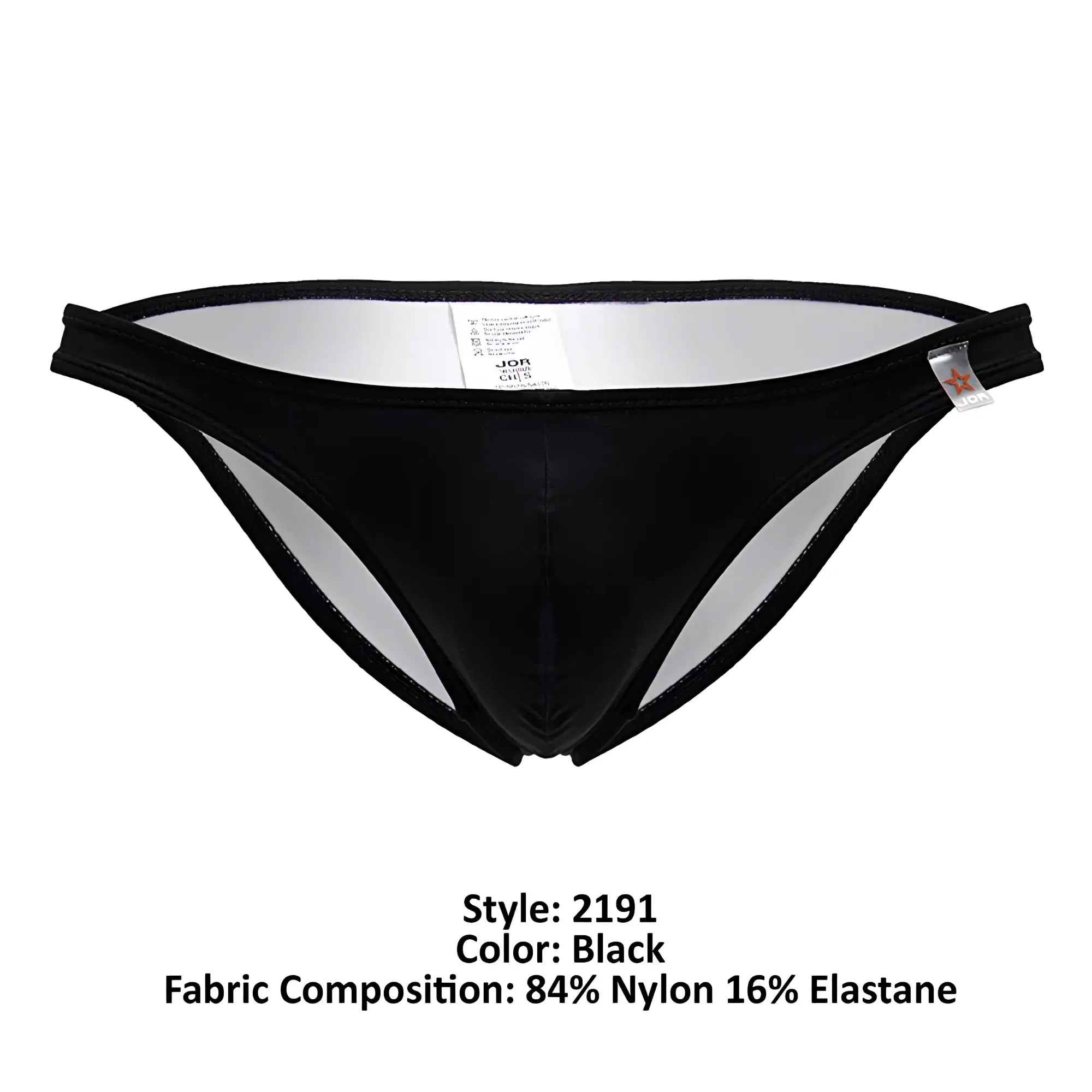 Black jor 2191 travel swim bikini thong featuring shiny, form-fitting nylon and elastane blend fabric