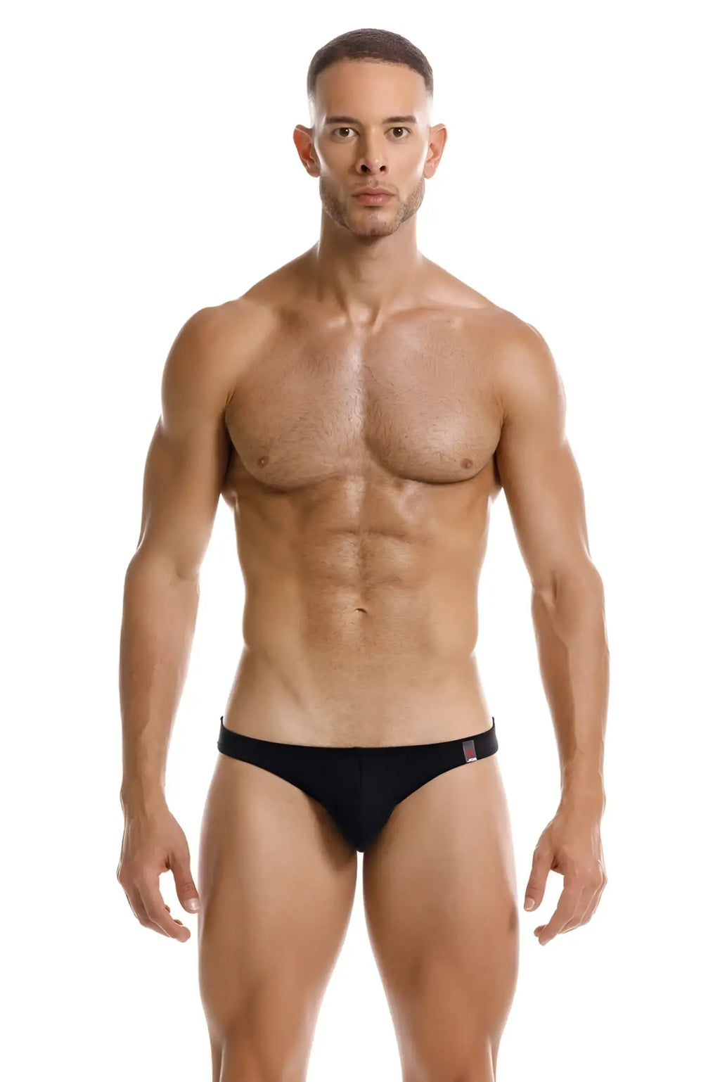 Black jor 2191 travel swim bikini briefs with subtle red and white logo on the waistband for swimwear use