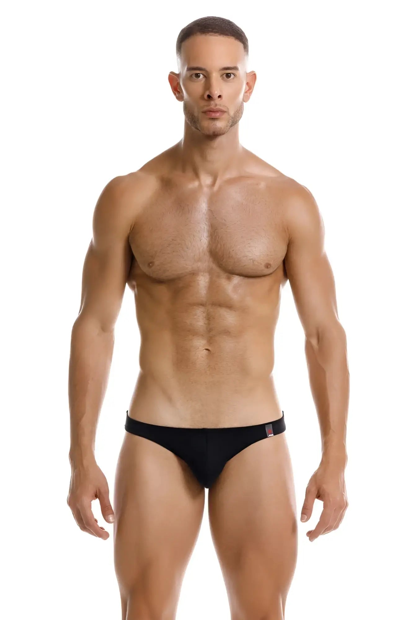 Black jor 2191 travel swim bikini briefs with subtle red and white logo on the waistband for swimwear use