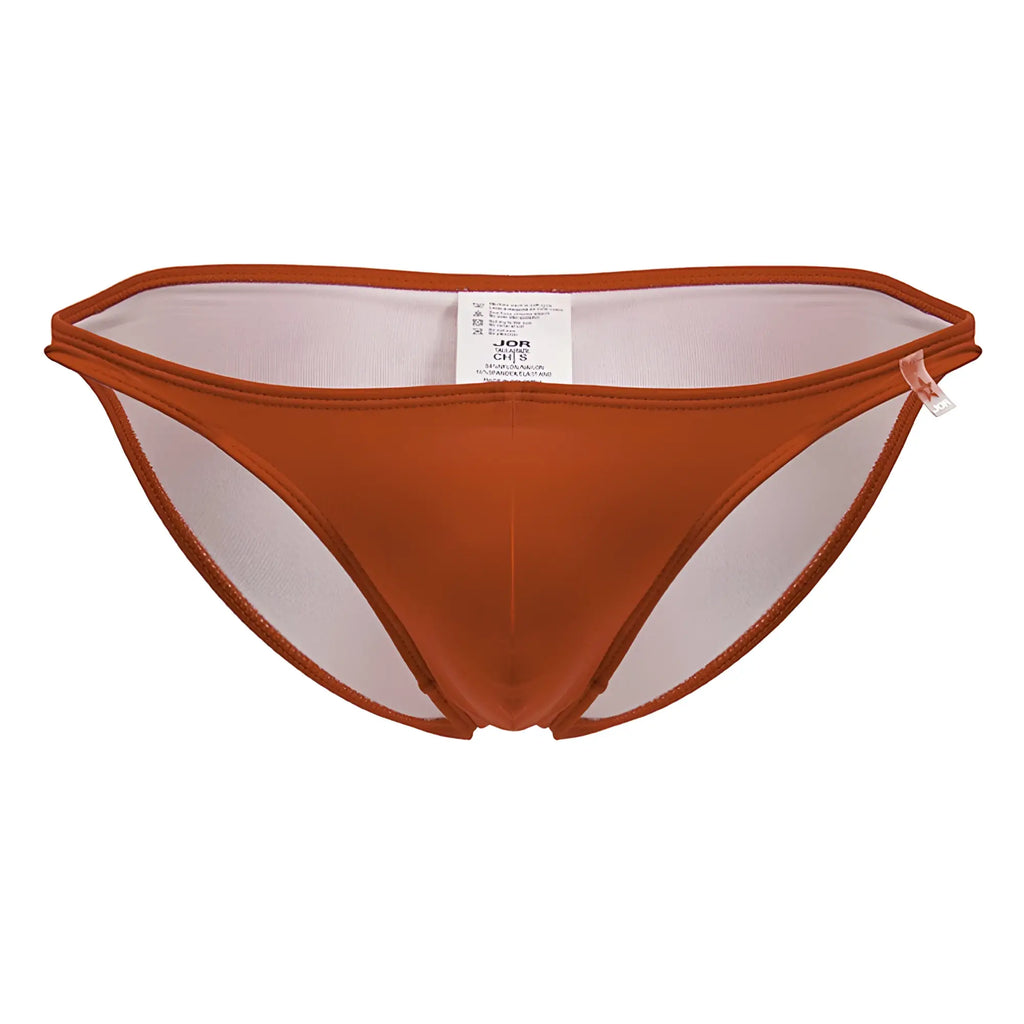 JOR 2191 Travel Swim bikini bottom in rust-orange with sheer mesh panel and elastic waistband in front view
