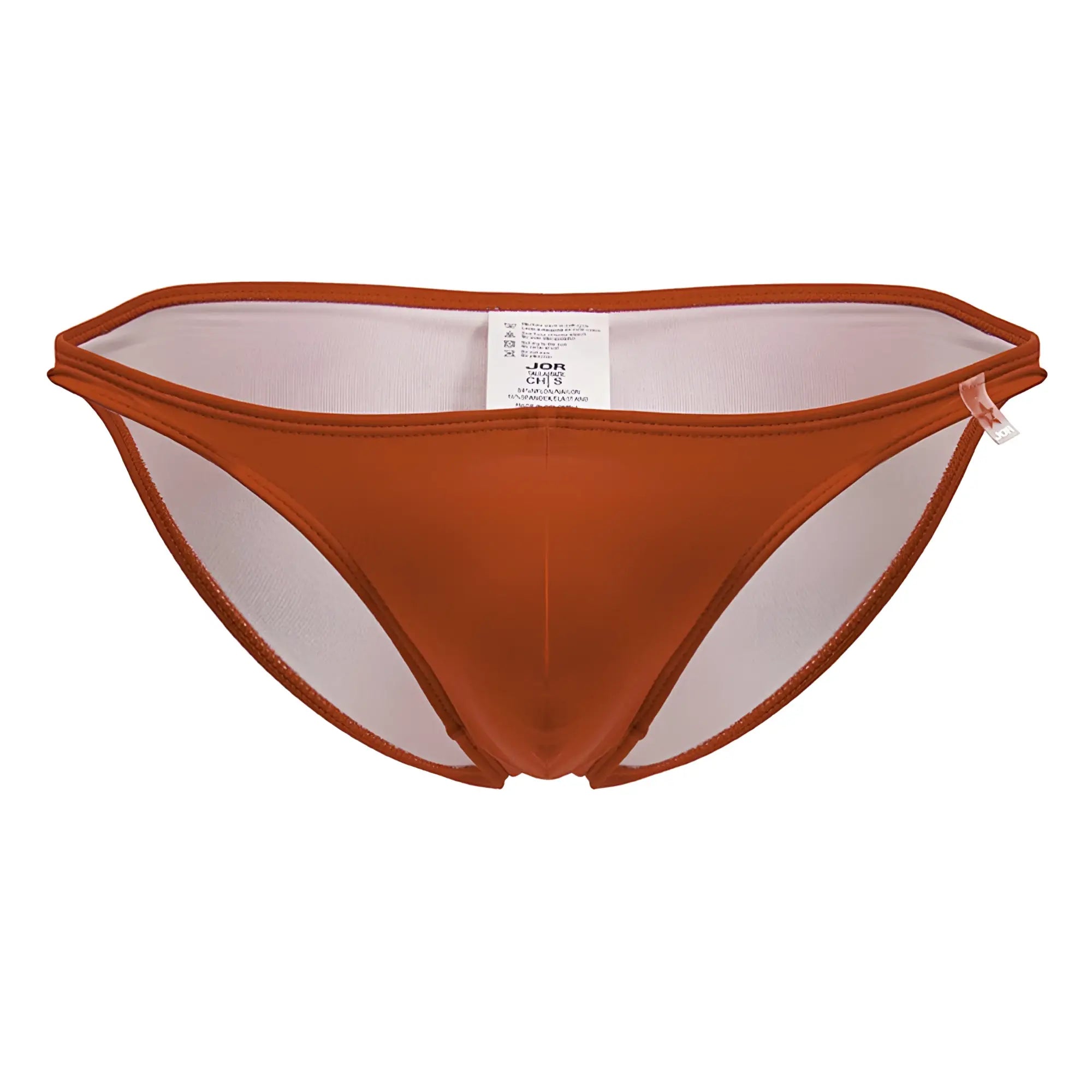 JOR 2191 Travel Swim bikini bottom in rust-orange with sheer mesh panel and elastic waistband in front view