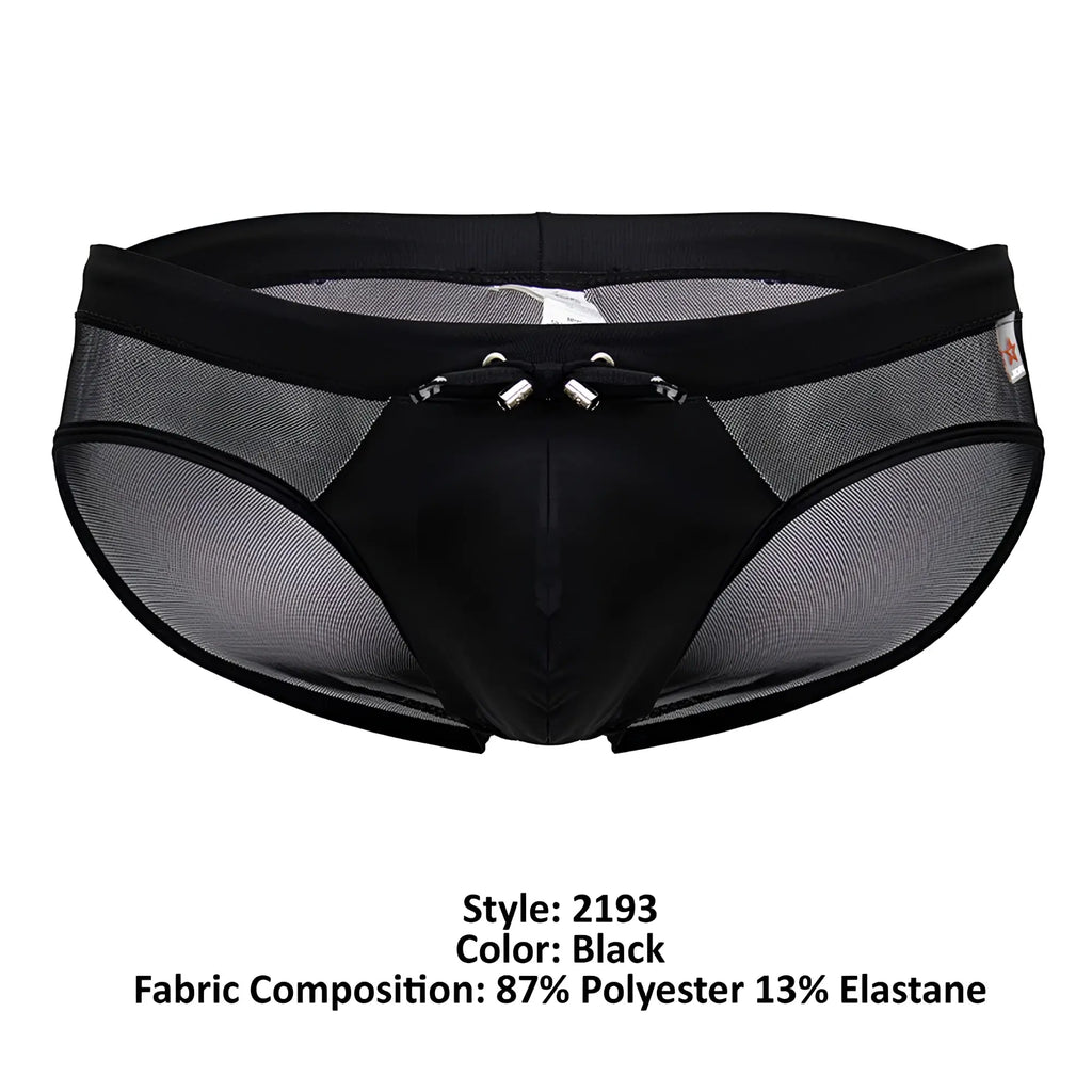 Black mesh JOR 2193 Mystic swim briefs with a solid front panel and silver metal clasps at the waistband