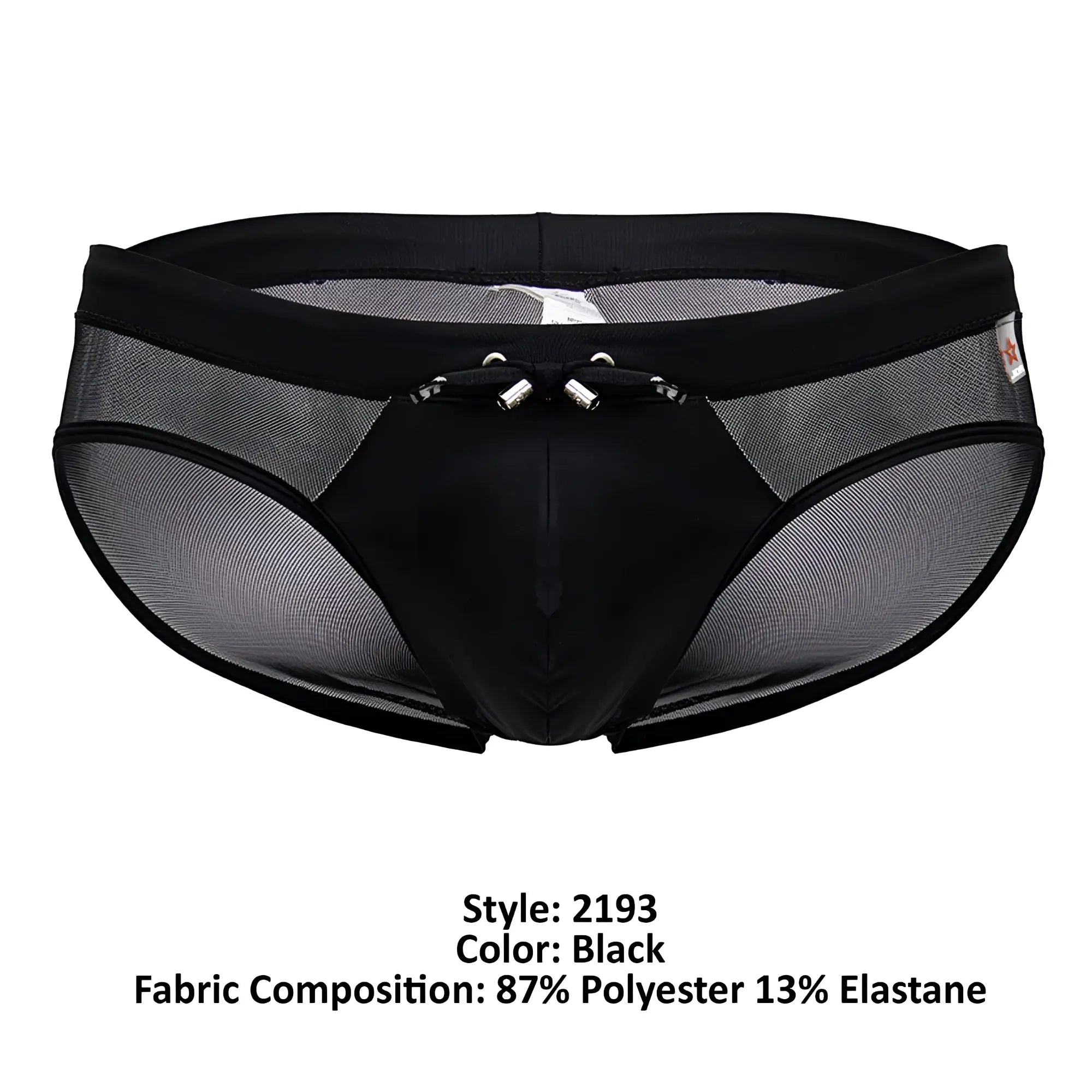 Black mesh JOR 2193 Mystic swim briefs with a solid front panel and silver metal clasps at the waistband