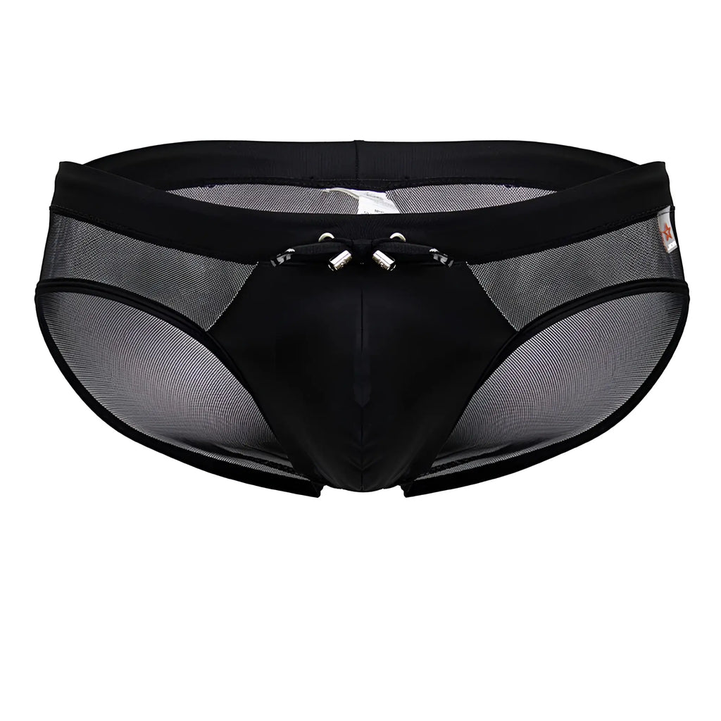 Black jor 2193 mystic swim briefs with mesh design, solid front panel, and silver metal waistband clasps