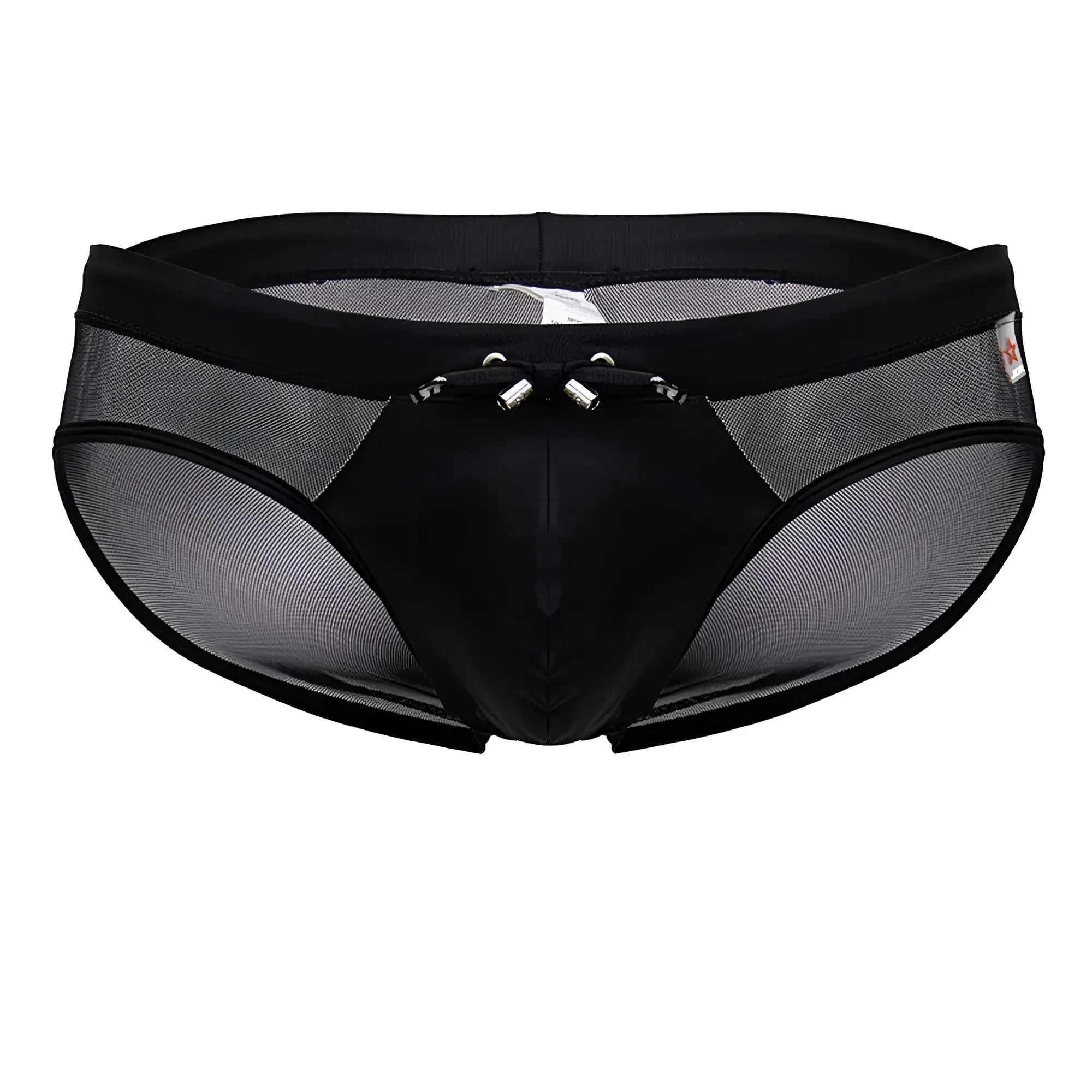 Black jor 2193 mystic swim briefs with mesh design, solid front panel, and silver metal waistband clasps