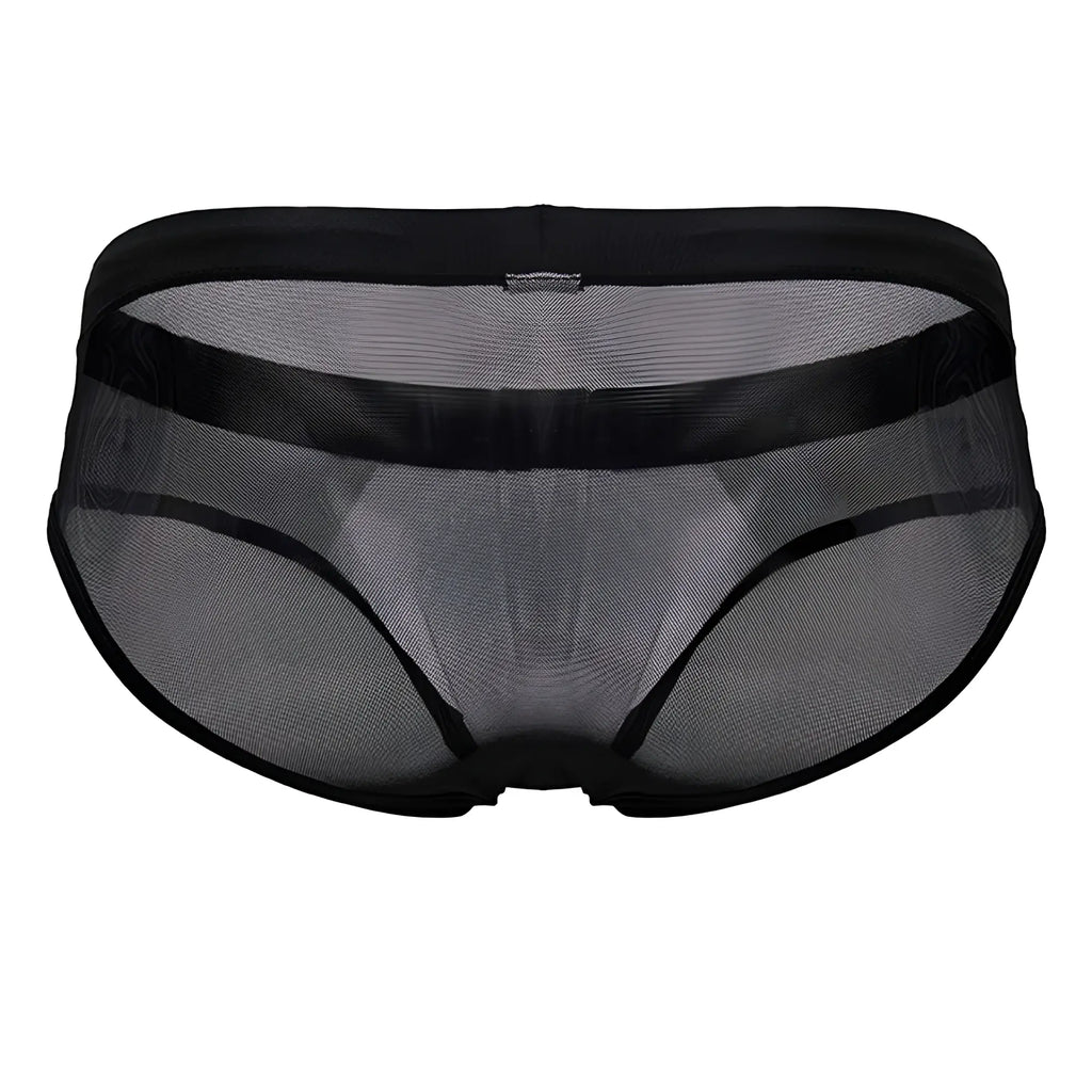 Black jor 2193 mystic swim briefs featuring mesh fabric with a solid black waistband and leg openings