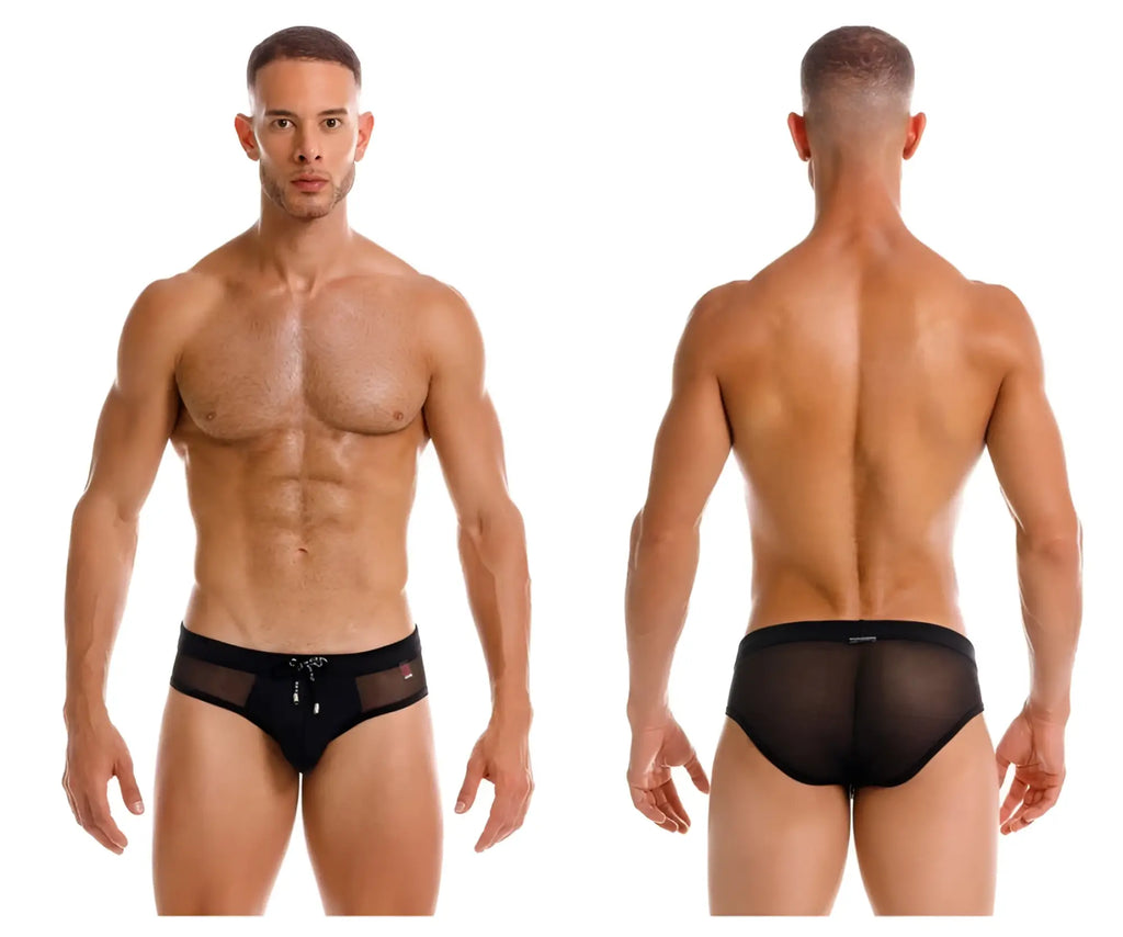 Black jor 2193 mystic swim briefs with mesh fabric, solid waistband, and silver zipper detail at the front