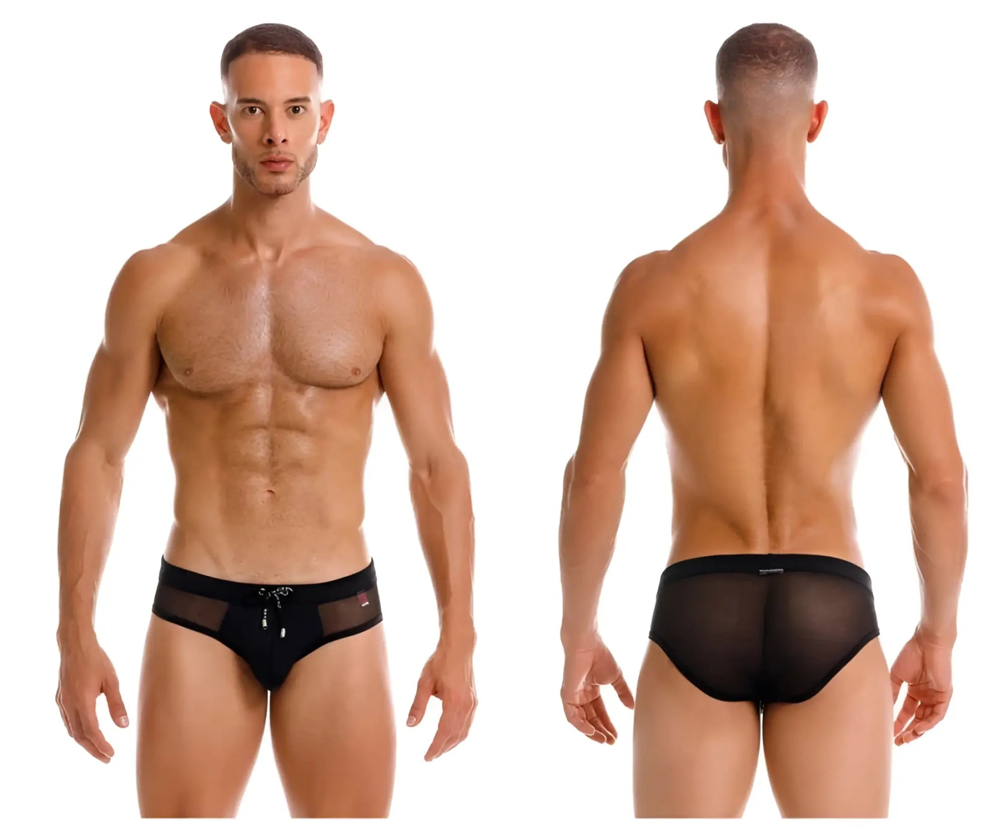 Black jor 2193 mystic swim briefs with mesh fabric, solid waistband, and silver zipper detail at the front
