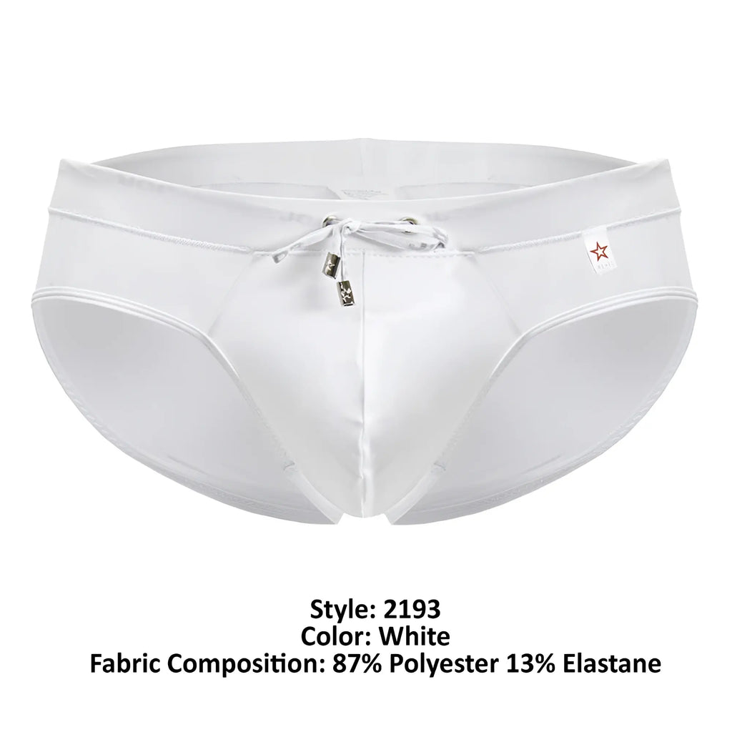 White jor 2193 mystic swim briefs with drawstring waistband and metallic toggle fasteners for men