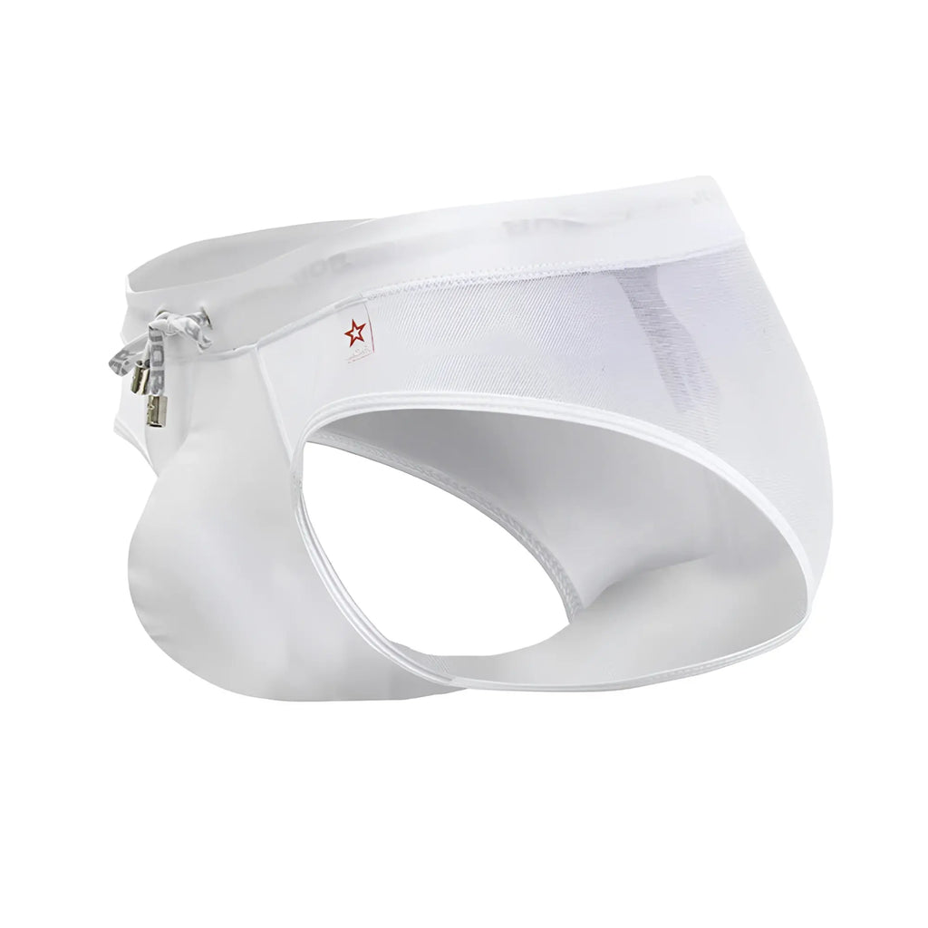 White mesh jor 2193 mystic swim briefs with a side zipper and small red star logo for swimwear use